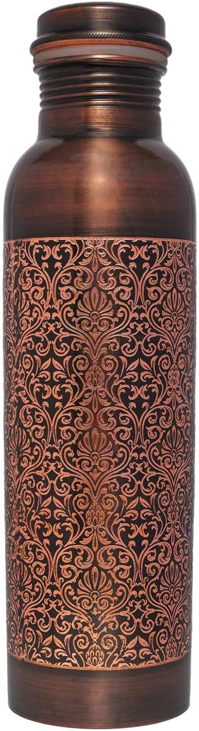 ANCIENT IMPEX Pure Copper Water Bottle 950 ml (Retro Finish with Etching Pattern) | Premium Ayurvedic Copper Bottle for Health Benefits | Leak-Proof, Joint less & Eco-Friendly Drinking Bottle.