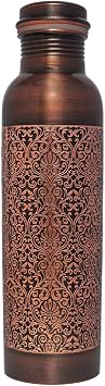 Pure Copper Water Bottle 950 ml Retro Finish with Etching Pattern | Premium Ayurvedic Copper Bottle for Health Benefits | Leak-Proof, Joint less & Eco-Friendly Drinking Bottle.
