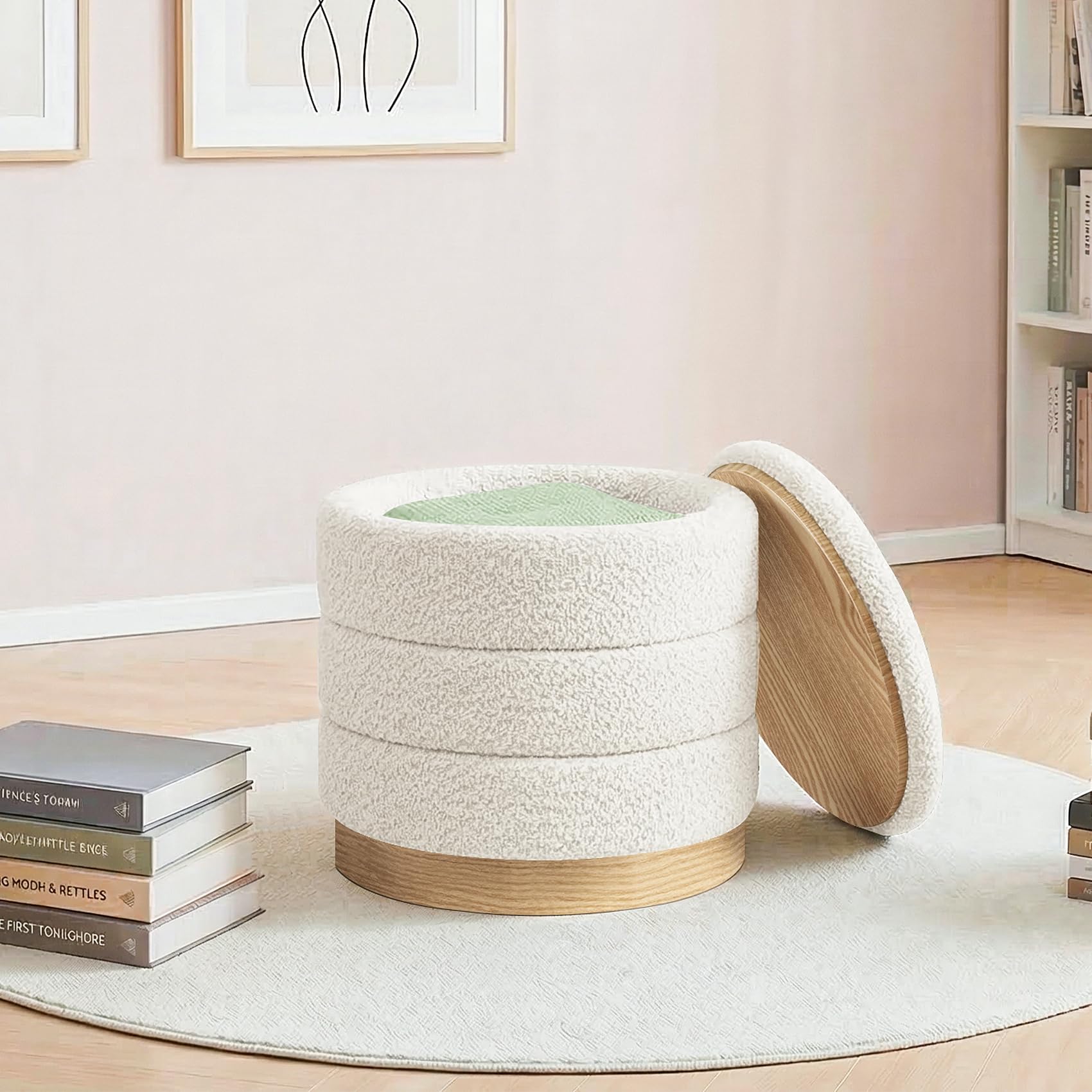 Bonlife Pouf avec rangement et plateau, Pouf rond pliable, Banc de pieds pour salon, chambre à coucher, couloir, Chenille, Socle en similicuir à motif bois, Blanc, 39X39X37 cm