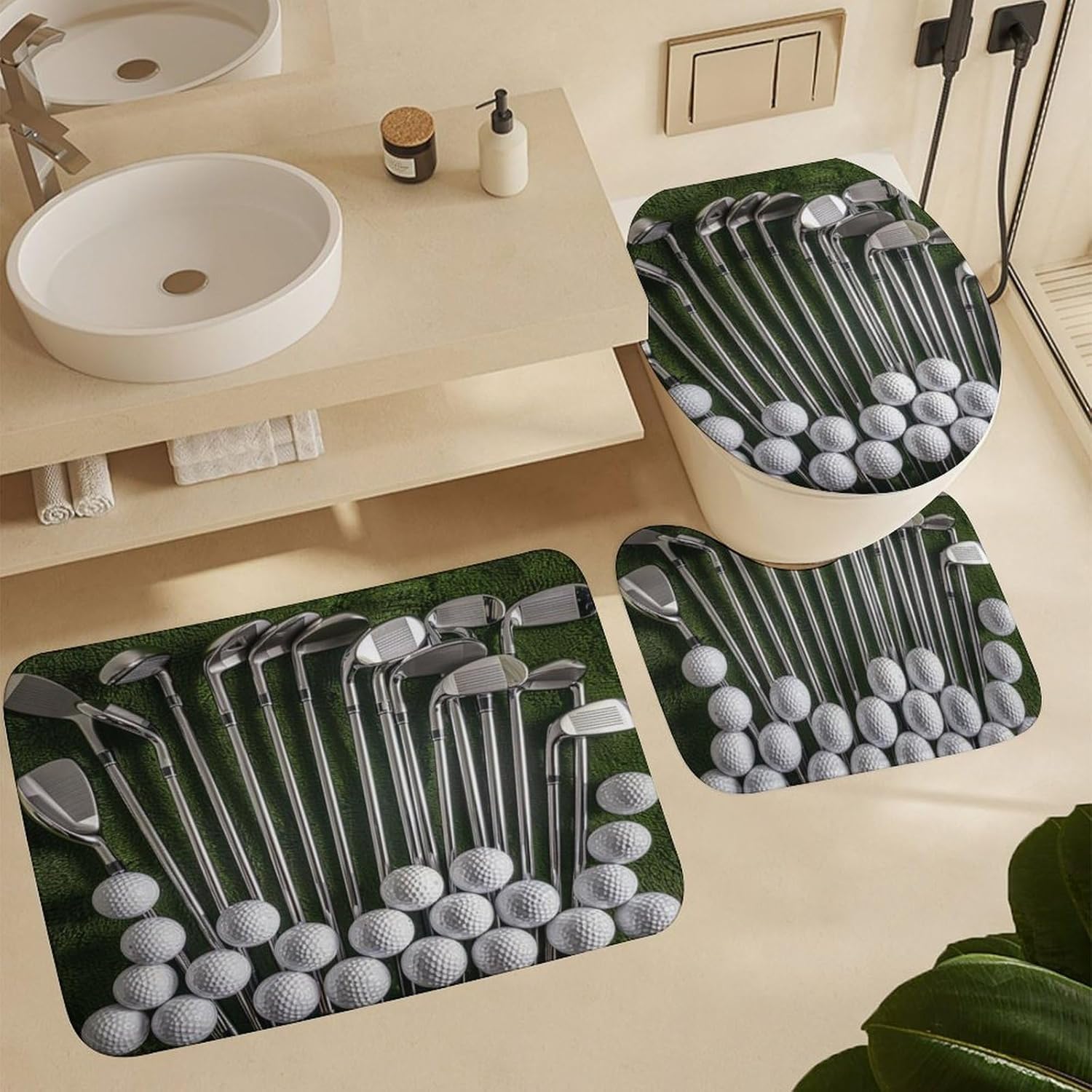 4Pcs Traditional Golf Sport Shower Curtain Sets Bathroom Decor, Modern Classic Golf Ball Shower Curtain with Non Slip Rug, Toilet Lid Cover, Bath Mat and 12 Hooks 72W x 72L