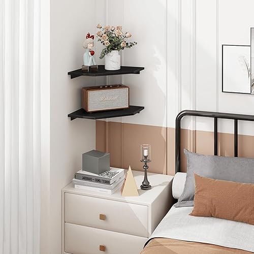 Miniatura 9 de Homode Estante de pared esquinero, juego de 2 estantes flotantes de esquina con agujero de alambre, estante de exhibición colgante de madera de 2