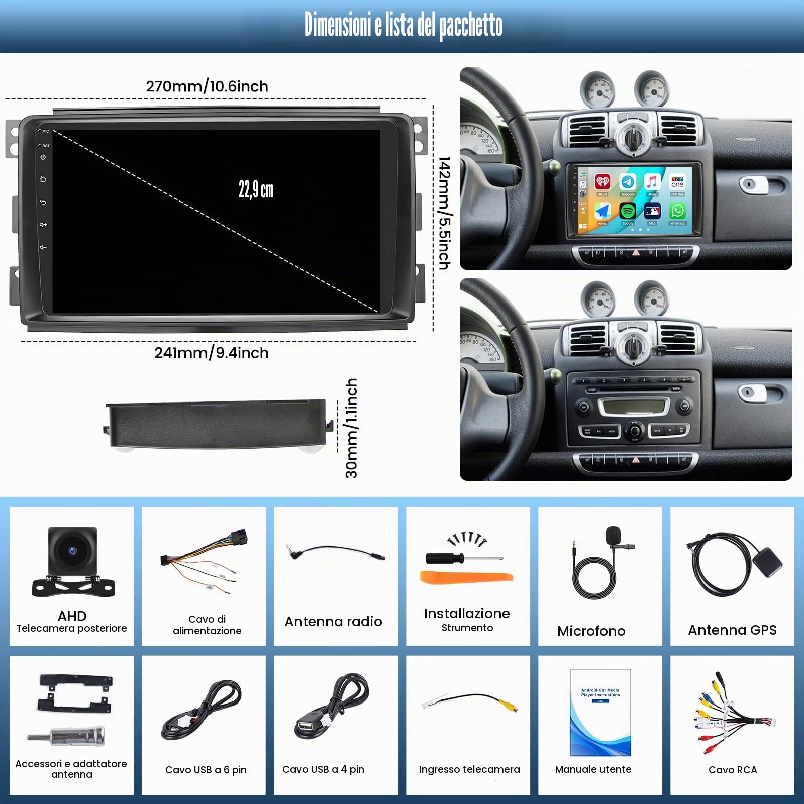 6+128G 8 Core Android 13 Autoradio 2 Din Carplay Android Auto per Mercedes Benz Smart Fortwo 451 2005-2010 Autoradio con Schermo 9 pollici con Bluetooth GPS FM RDS WiFi DSP/EQ Telecamera Posteriore