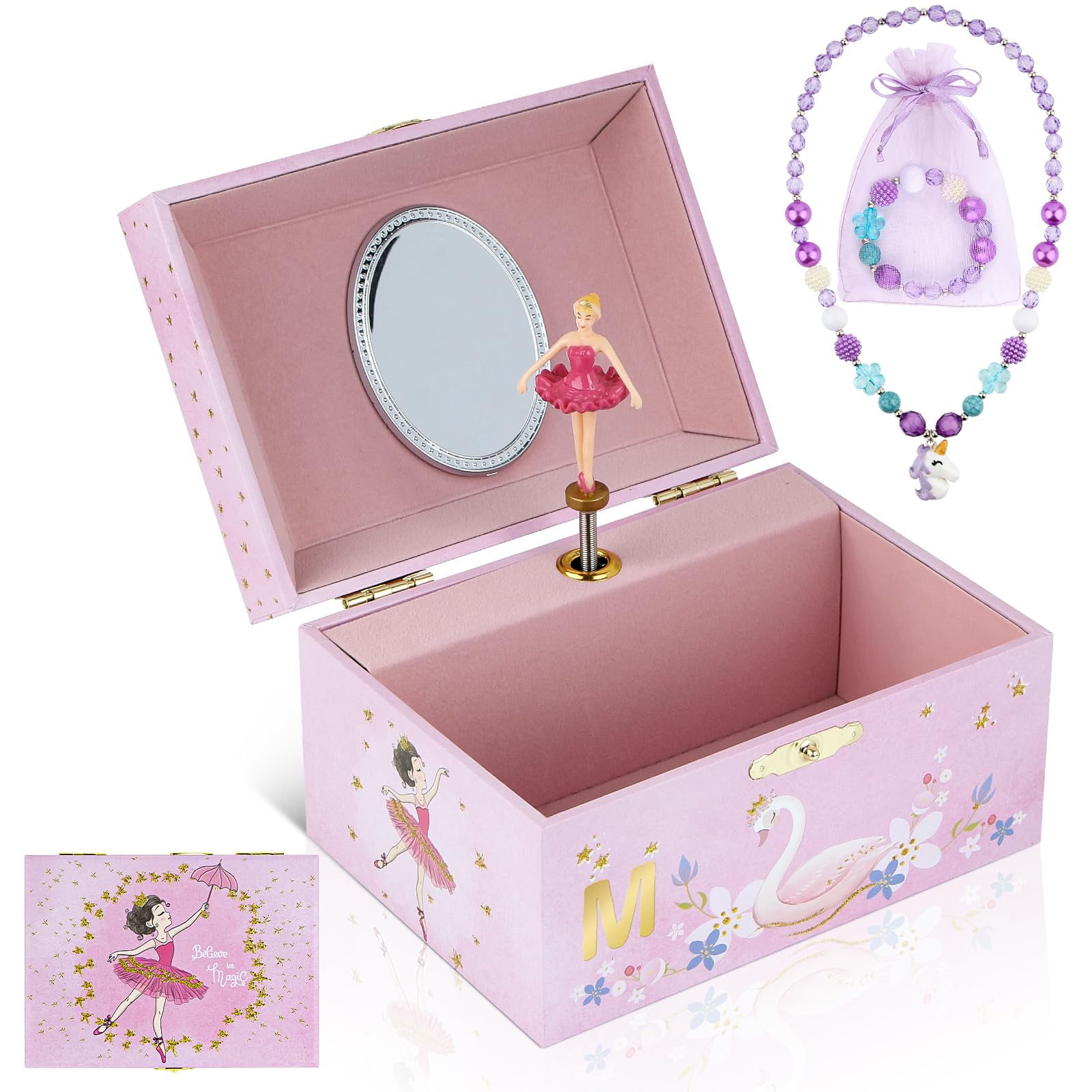 Joyero musical Magical M rosa con bailarina y espejo para niñas que incluye collar y pulsera