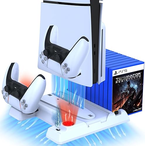 Soporte delgado para PS5 y estación de refrigeración con estación de carga para PS5 Slim y PS5 DiscDigital - Doble controlador de carga Playstation