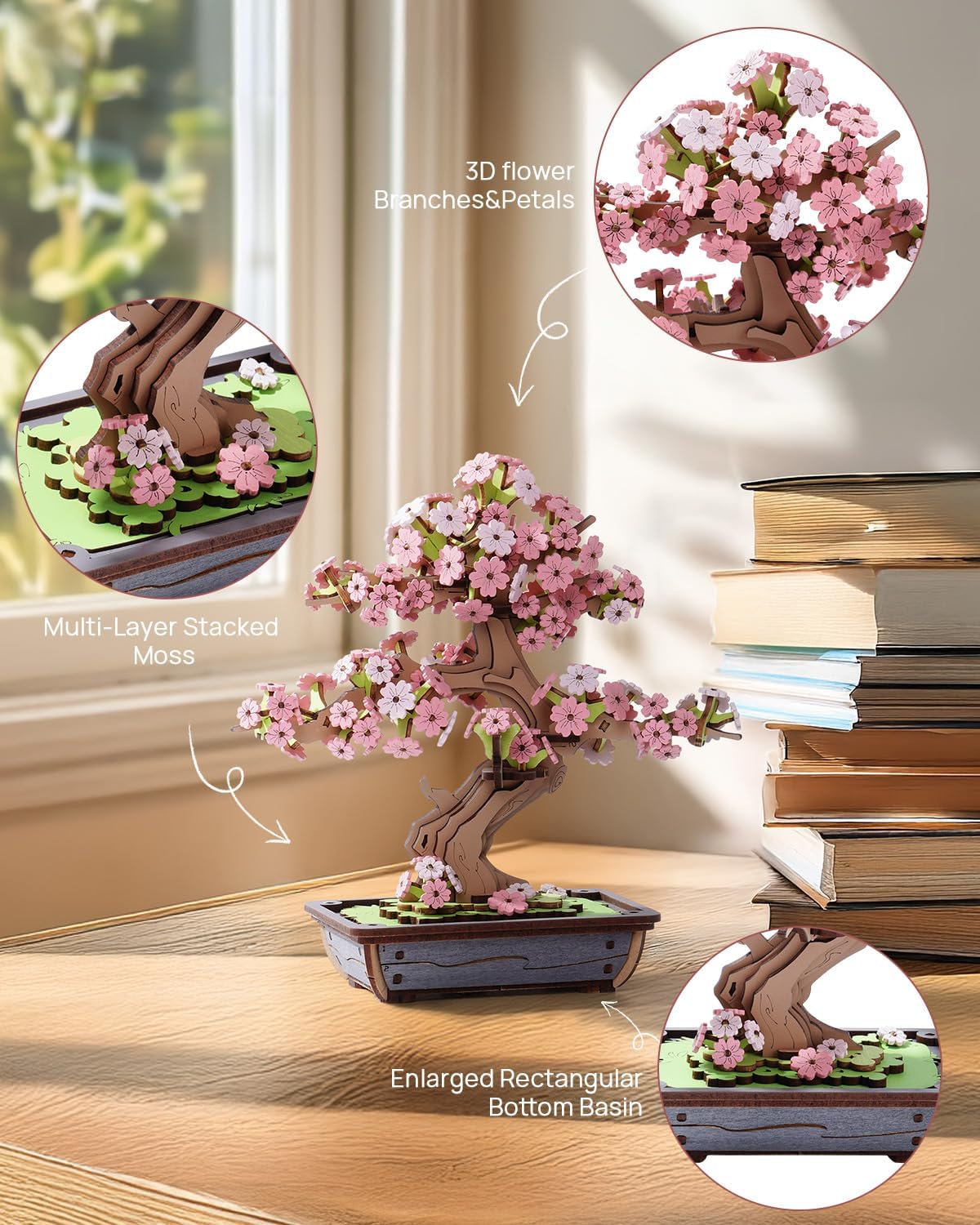 ROWOOD Bonsái de Madera en 3D, Kit de Modelo de Pino para Adultos, CREA tu Propio Kit de construcción de artesanía en Madera, decoración única para el hogar (Bonsái de Sakura)