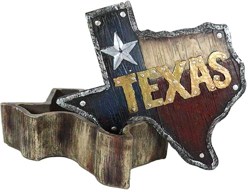Ebros Gift Rústico mapa patriótico occidental de Texas Lone Star State, caja decorativa de joyería con acabado envejecido de madera sintética