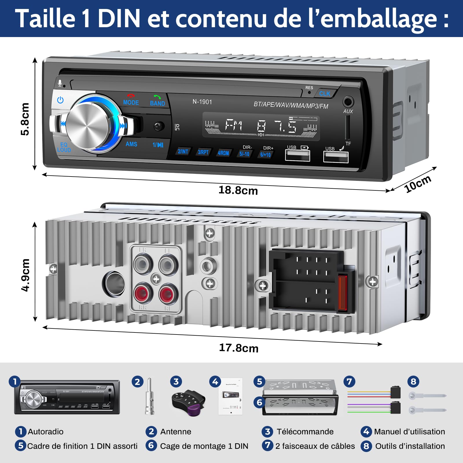 Autoradio Bluetooth, Wistrue FM Poste Radio Voiture Bluetooth avec 2 USB, Autoradio 1 Din Support AUX/SD/TF/MP3, Compatible avec iOS/Android