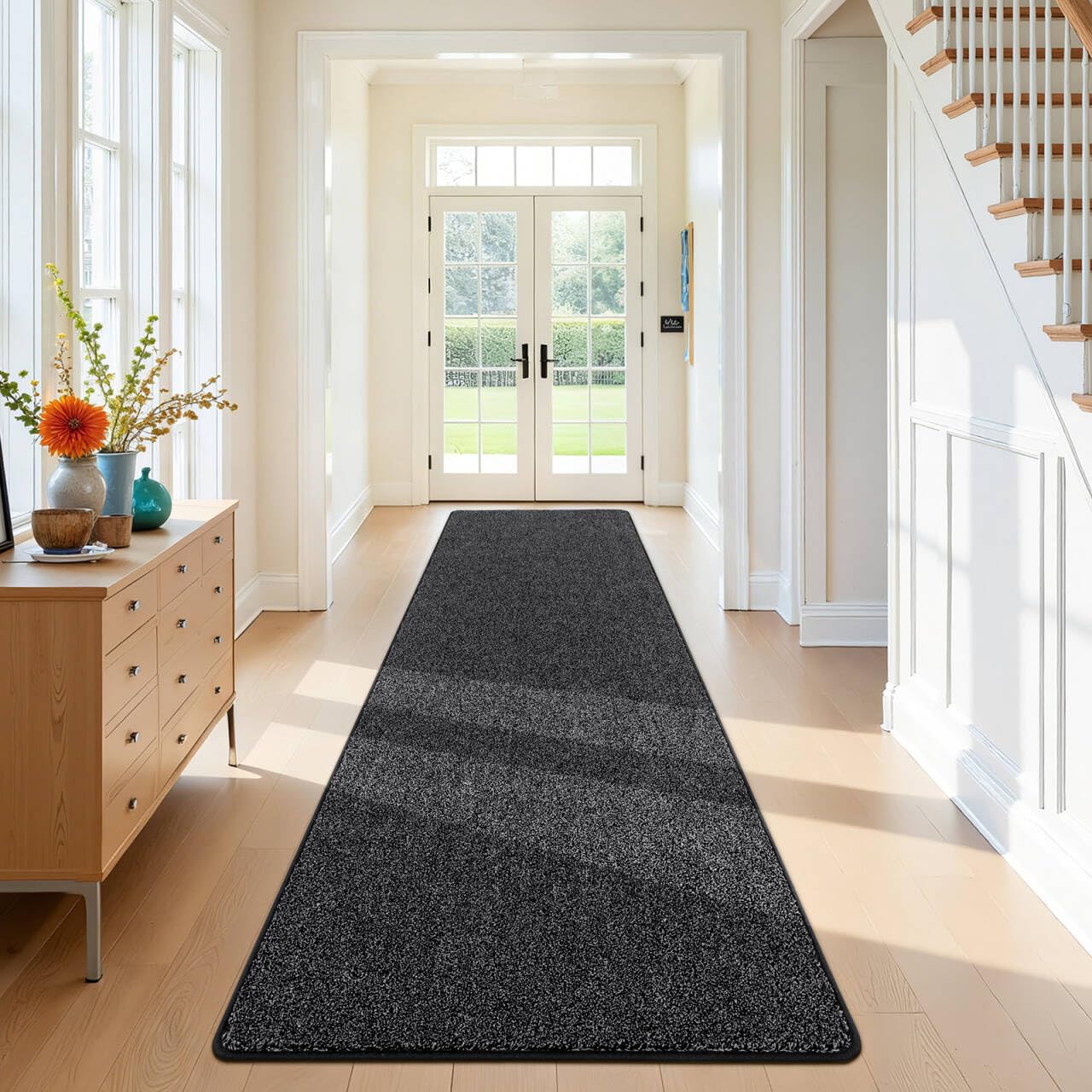 SHACOS Long Hallway Runner Rug Non Slip 80x400 cm Dirt Trapper Runner Indoor Washable Kitchen Mat Long Hall Runners Rug Heavy Duty Carpet Runners for Hallway, Entryway, Bedroom, Grey Black