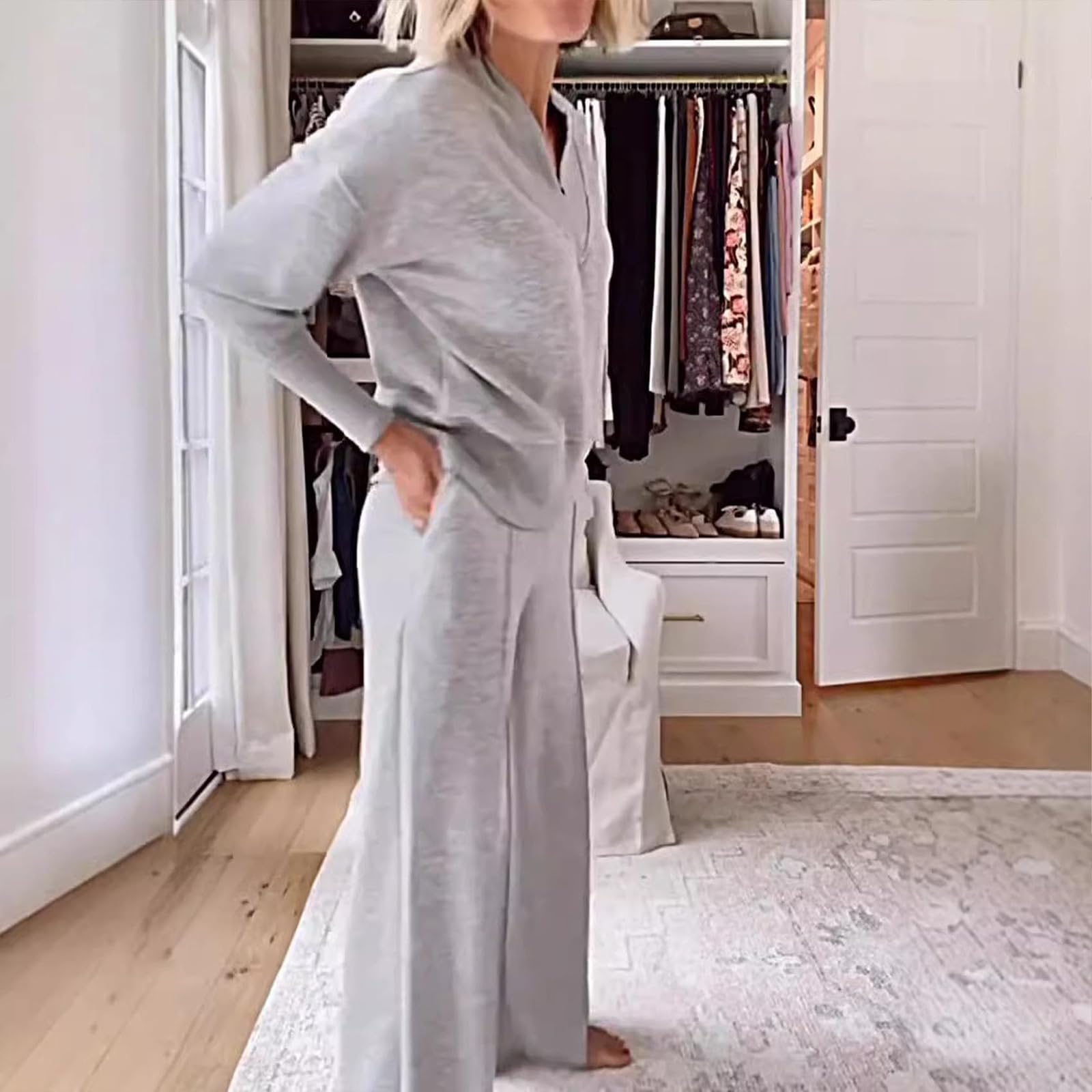 Conjunto de Dos Piezas de Top y pantalón con Escote en V de Color Liso para Mujer, Conjuntos Casuales de Mujer con Pantalones Largos de Pierna Ancha, Conjunto de salón de otoño (XXL,Claret)