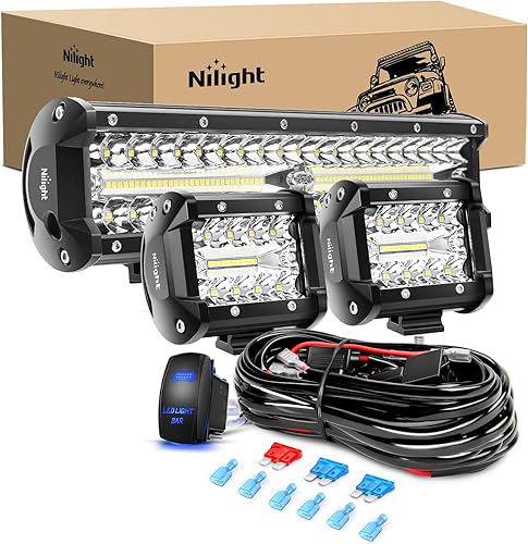 Miniatura 9 de Nilight Barra de luz LED, 2 unidades, 12 pulgadas, 300 W, triple fila de inundación, luces de conducción de 30000 lm con kit de arnés de cableado