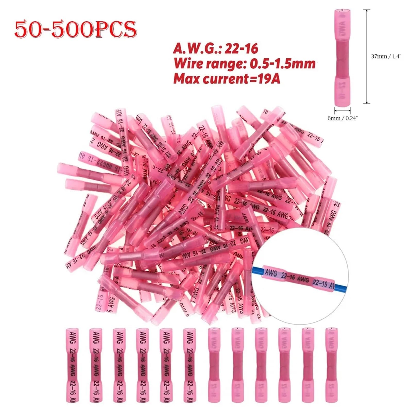 Schrumpfverbinder 500 STÜCKE 22-16 AWG Schrumpfschlauch-Crimpverbinder Dichtungsstoßverbinder Elektrische Drahtverbinder Kit Sortiment Rot(400PCS)