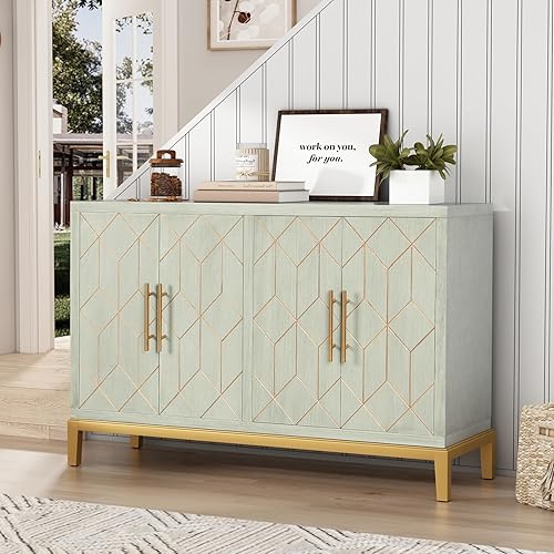 ARTPOWER Armario decorativo con 4 puertas, armario de almacenamiento moderno de Credenza, aparador decorativo tallado para sala de estar, cocina,
