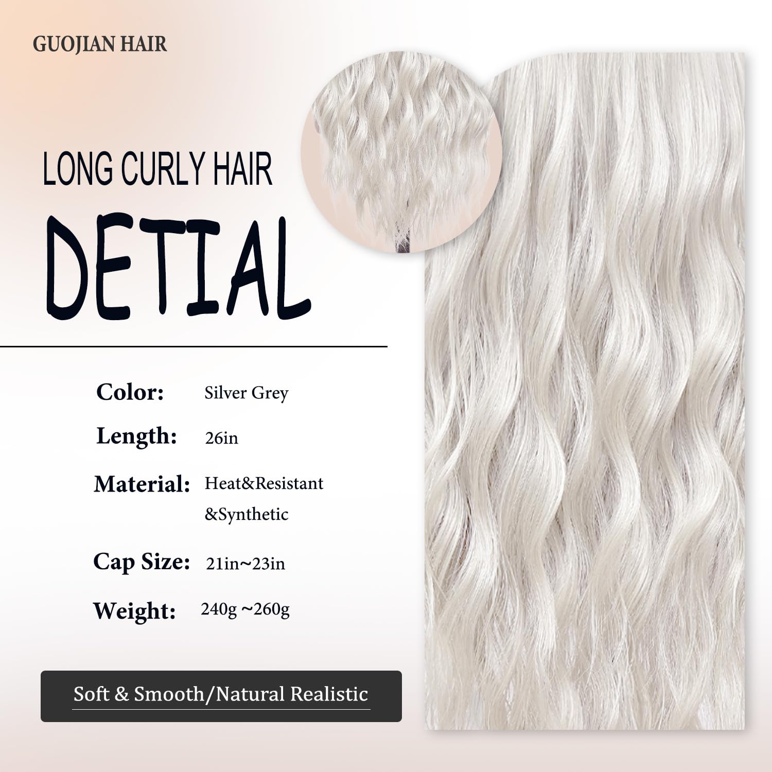 GUOJIAN Long Wave Wig 26inch Silver Grey 13x5x1 HD Lace Front Synthetic Wavy Wigs For Women Heat Resistant Curly Wig for Cosplay Halloween Daily Use