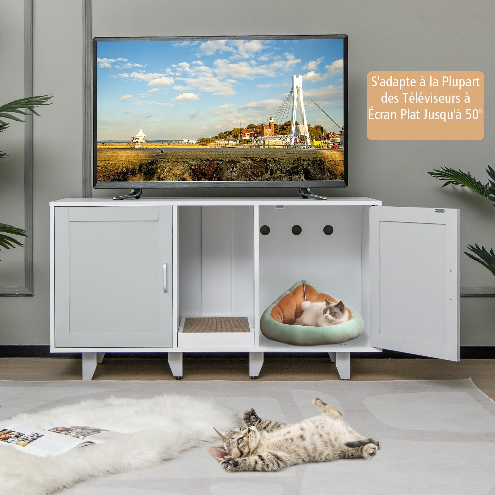 GOPLUS Meuble Litiere Chat 3 en 1, Maison de Toilette Chat en Bois 52x120x65CM, Cache Litiere avec 2 Porte, Pieds Réglables, Planche à Griffer Détachable, Trou de Ventilation, Table TV, Moderne