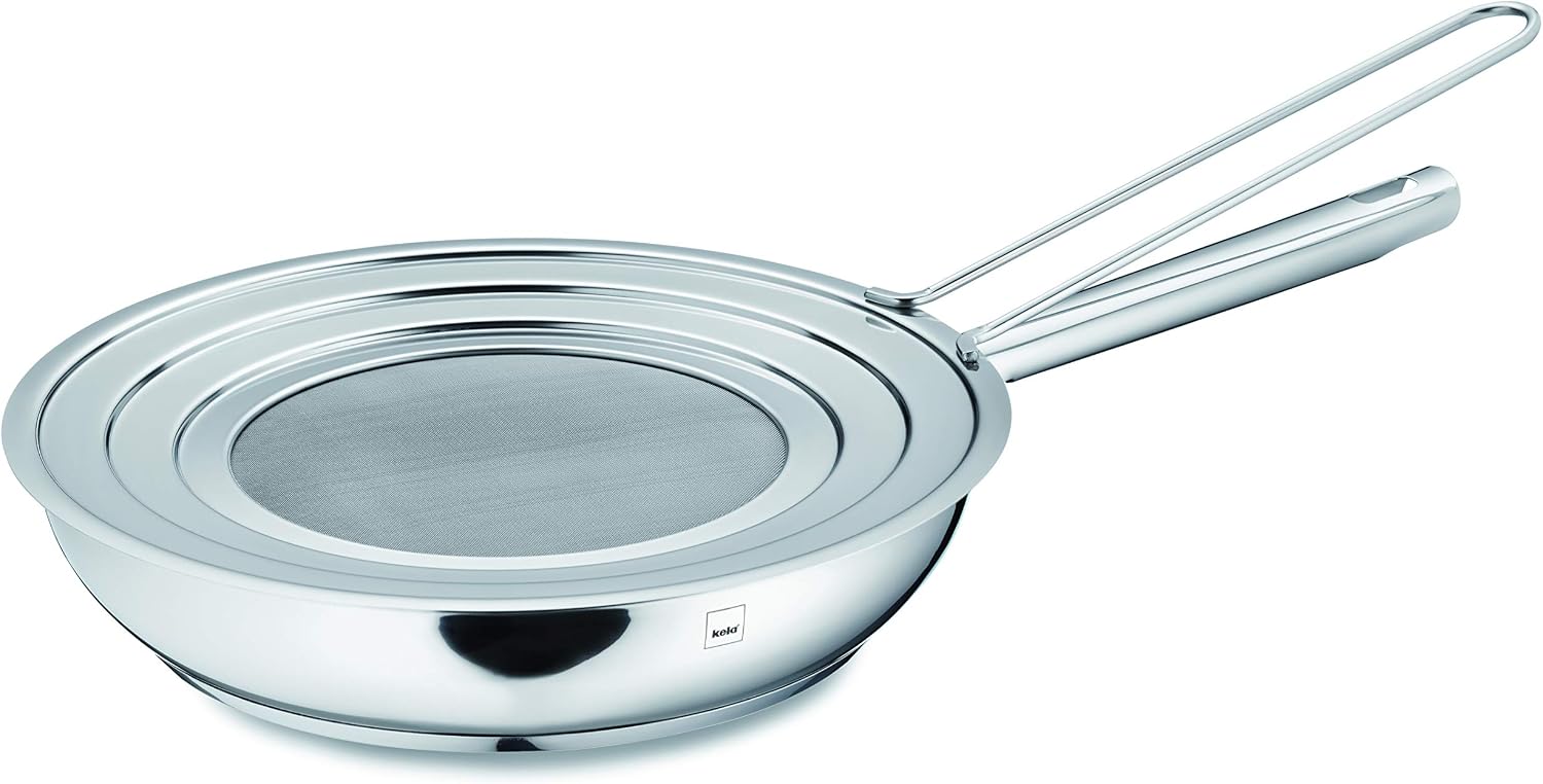 Kela Elvira Splatter Guard placed on a stainless steel frying pan.