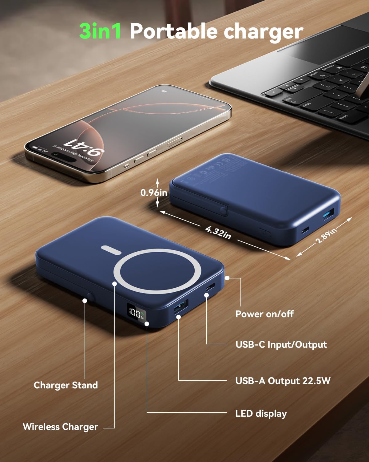 Magnetic Power Bank 10000mAh with for MagSafe Charging,PD 22.5W Fast Charge,Foldable Stand,Dual USB Output,LED Display (Dark Blue)