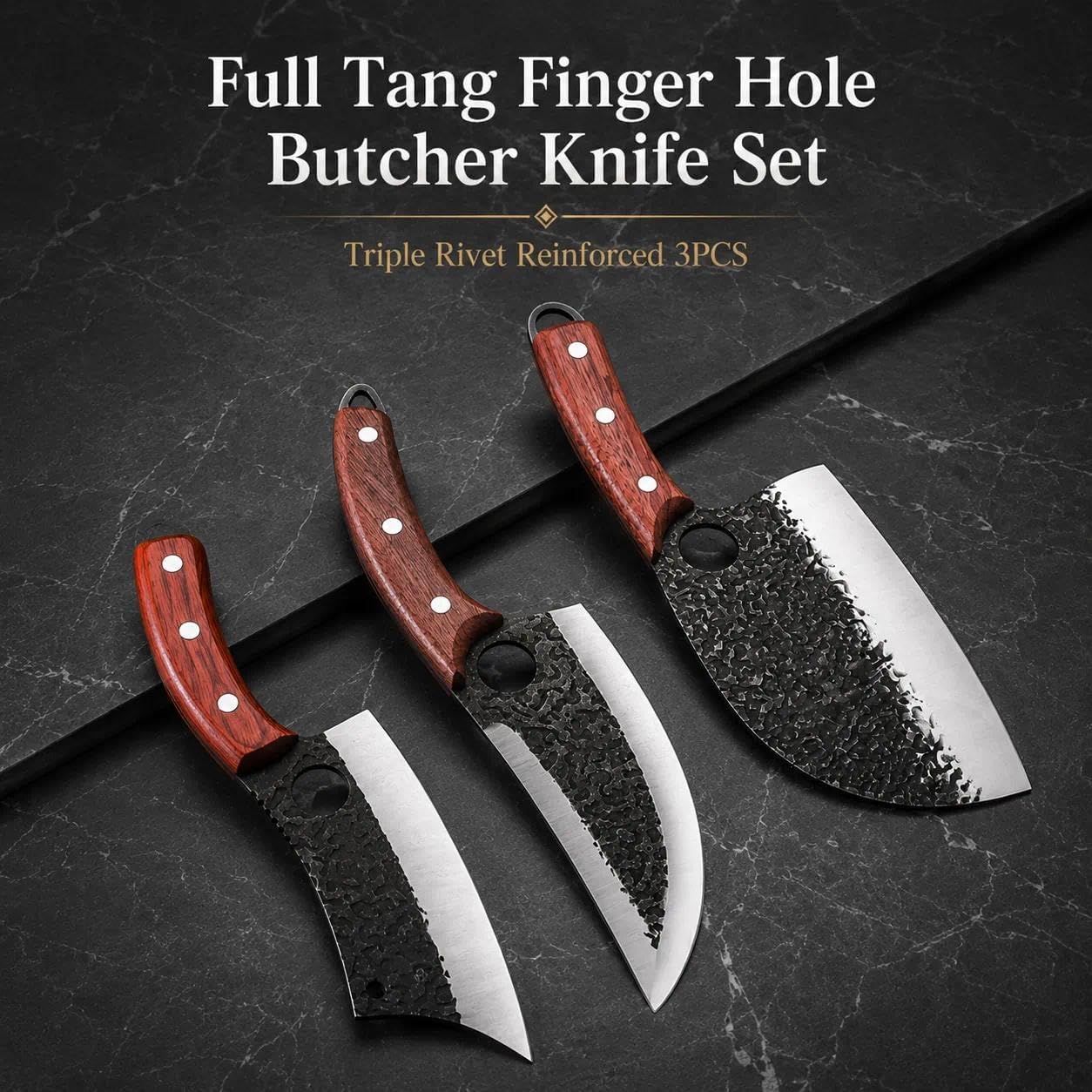 DRAGON RIOT Professional Butcher Knife Set for Meat Processing, 3Pcs High Carbon Steel Hand Forged Serbian Cleaver Chef Knife Set with Ergonomic Handles for Kitchen Outdoor Cooking — Amazon image 4