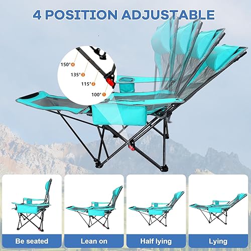 Miniatura 5 de POEPORE Paquete de 2 sillas reclinables de camping de 4 posiciones con reposapiés, cómoda para adultos, silla de playa plegable de malla de 265