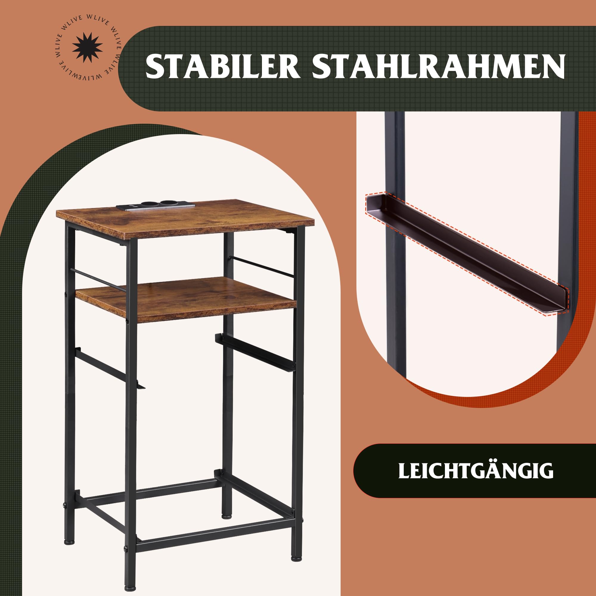 WLIVE Nachttisch mit Ladefunktion, Beistelltisch mit 2 USB-Anschlüssen & 2 Steckdosen, 3 Etagen Nachtschrank für Schlafzimmer, Wohnzimmer, Büro (Rustikal Braun)