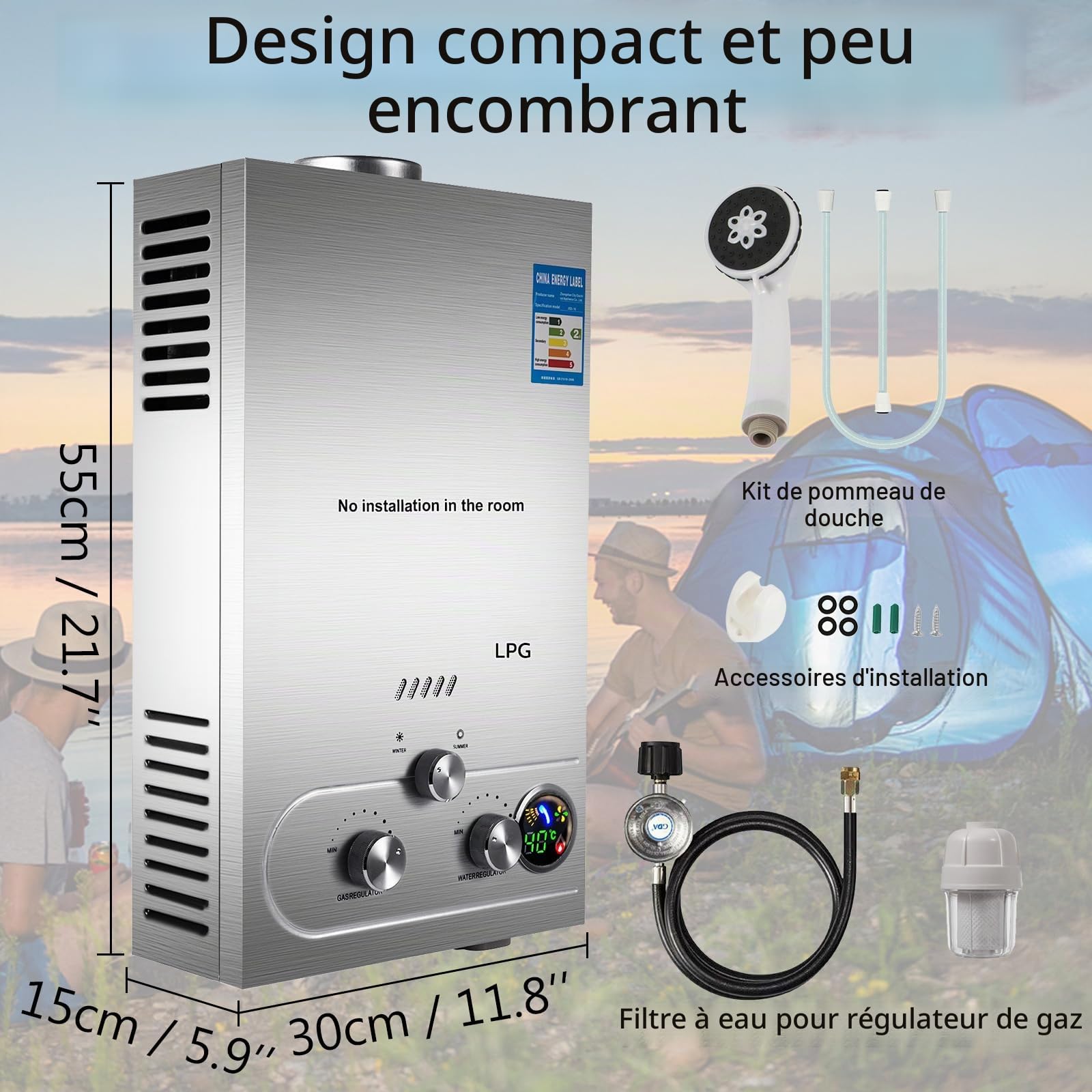 Chauffe-eau à Gaz 8LPM, Chauffe eau instantané, LPG Propane Butane 16KW Inoxydable Pression d'eau Ultra basse disponible Convient pour la Famille, Camping-car (8L)