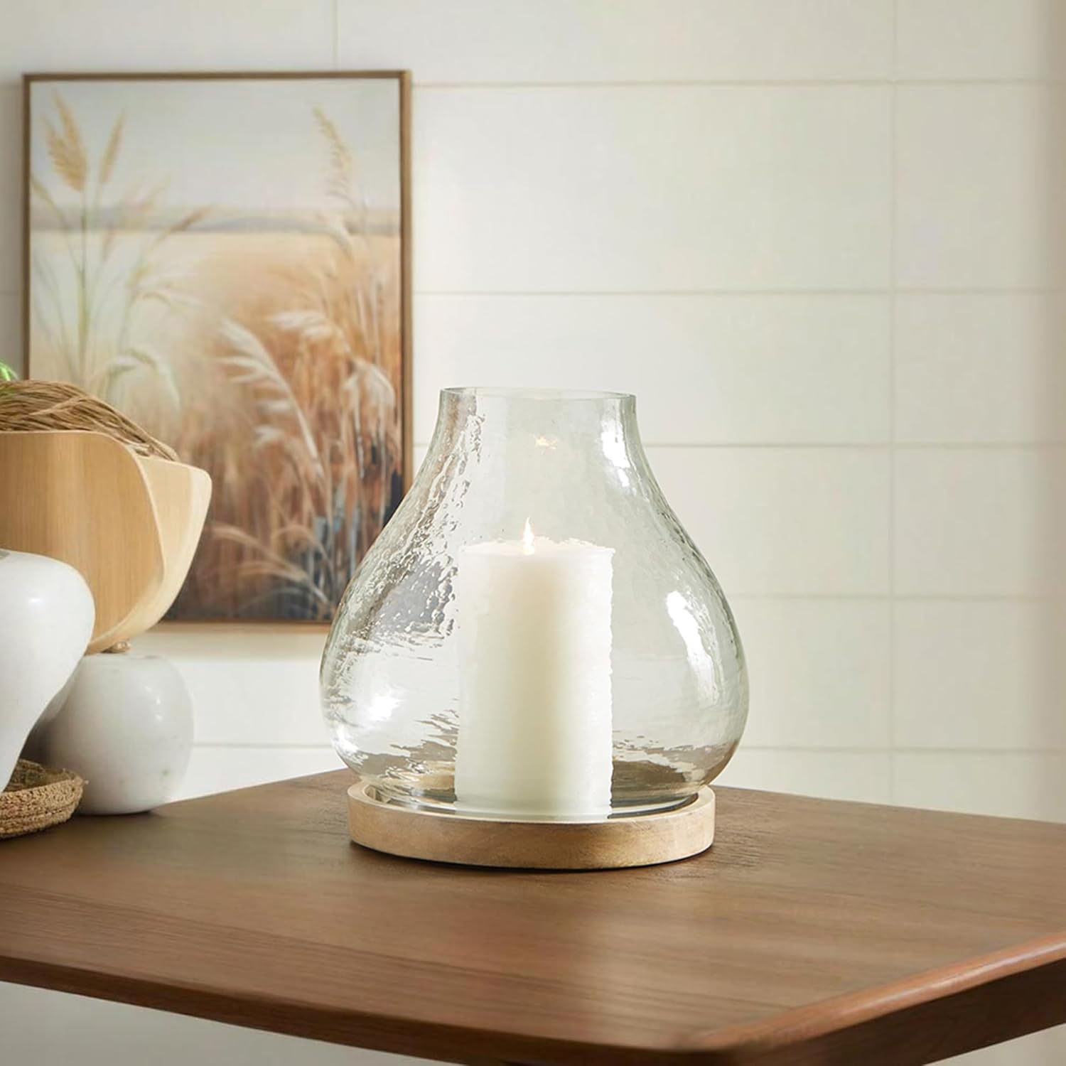 Signature Design by Ashley Adalisen Casual Glass Hurricane Candle Holder with Hammered Effect, Glass & Light Brown