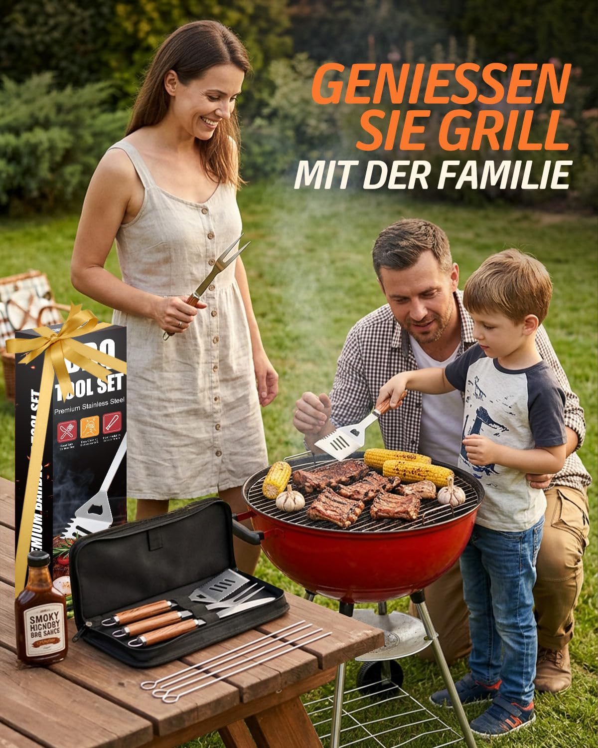 Grillbesteck Set, 17-teilig Edelstahl Grill Zubehör mit Tragetasche, Umfassendes Grillbesteck für das Grillen im Freien, Camping, Grillzubehör BBQ, Professionelle Grillzubehör für Männer Frauen
