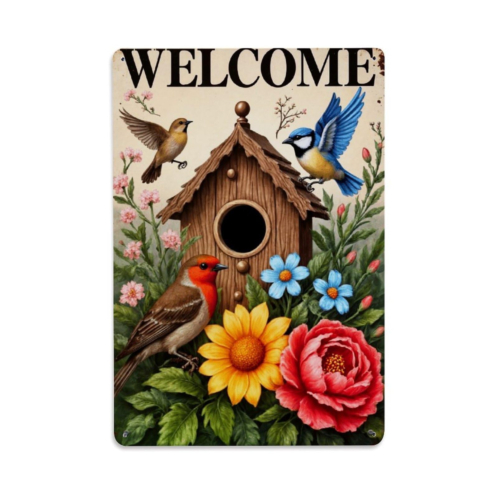 Jdfenggu Vintage Welcome Birdhouse Flowers Birds Garden Retro Metal Tin Sign, Decor Art Poster For Bar, Home, Man Cave, Kitchen, Laundry Room Gift 8X12inch