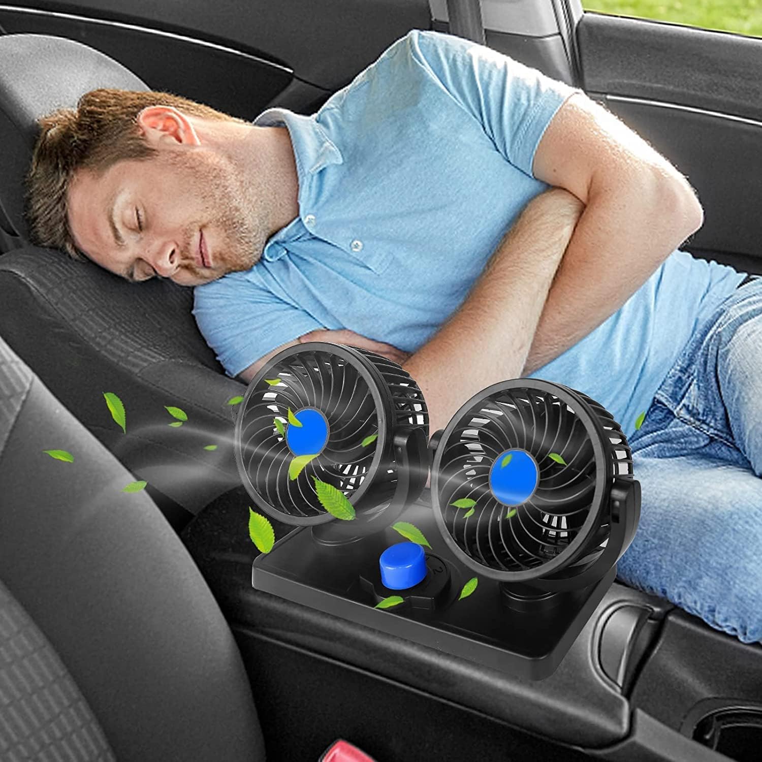 Auto Ventilator, 12V Doppelkopf Ventilator Auto 360 Grad drehbar mit 2 Geschwindigkeiten Doppellüfter Geeignet für 12Volt Autos, LKWs, SUV
