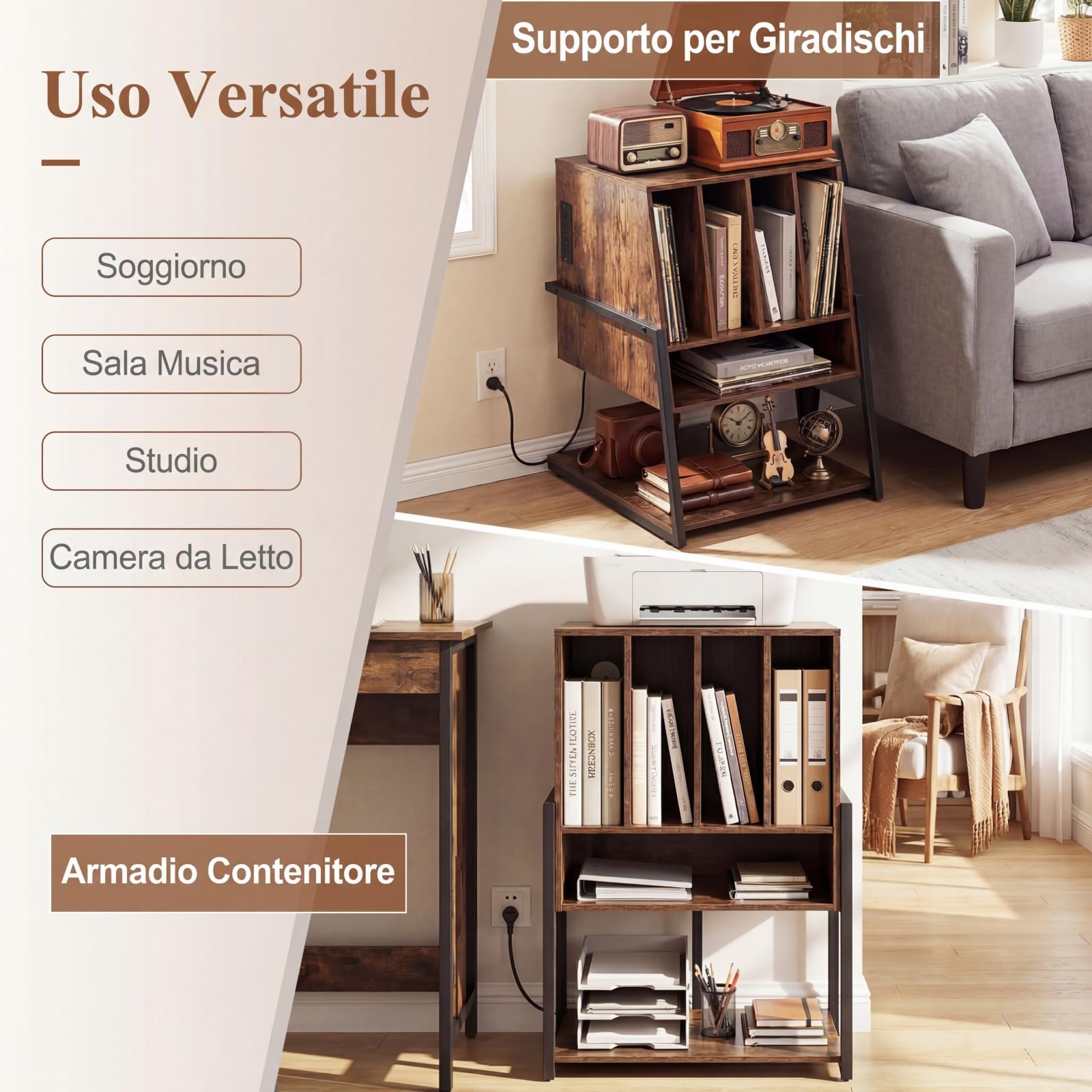 COSTWAY Supporto per Giradischi, Mobile Porta Giradischi con 4 Scomparti e Ripiani Aperti, Scaffale per Dischi in Legno con Ruote e Piedini Regolabili (Marrone Rustico, Con Presa di Corrente)