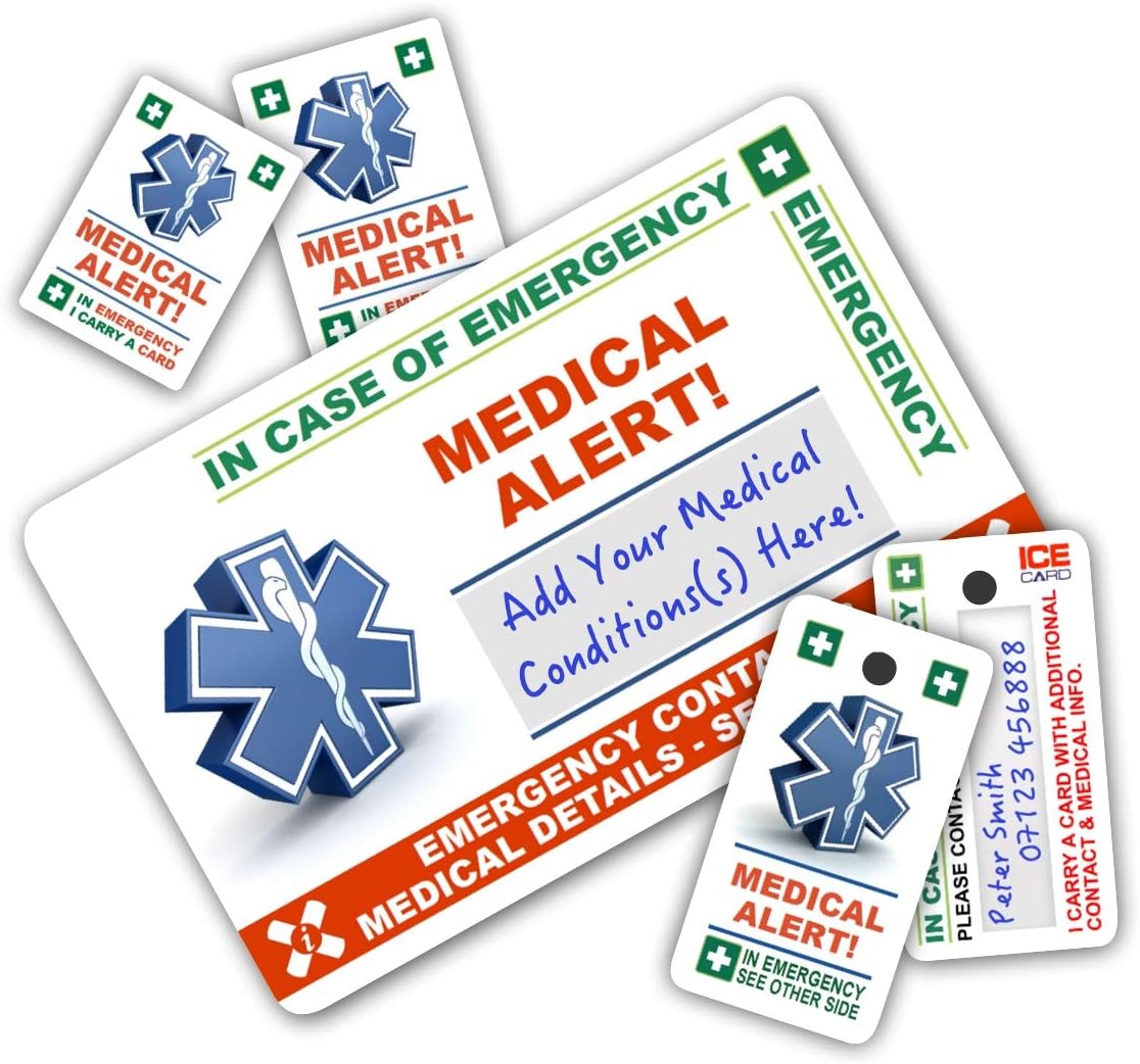 MEDICAL ALERT In Case of Emergency (I.C.E.) Card Pack with 1 Card, 2 Key Rings & 2 Stickers.
