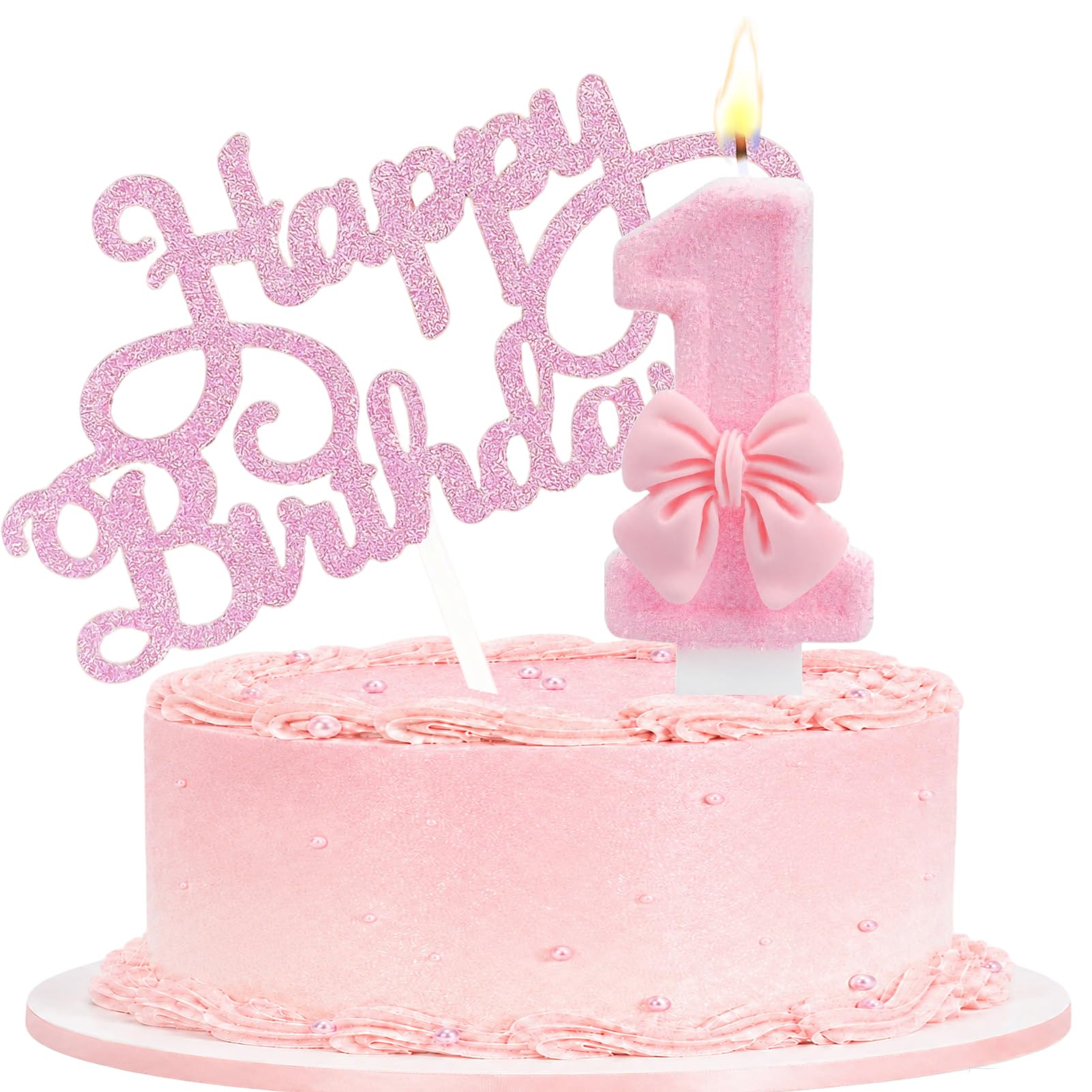 Birthday Candle with Pink Bow Cake Topper for Party, Number 1