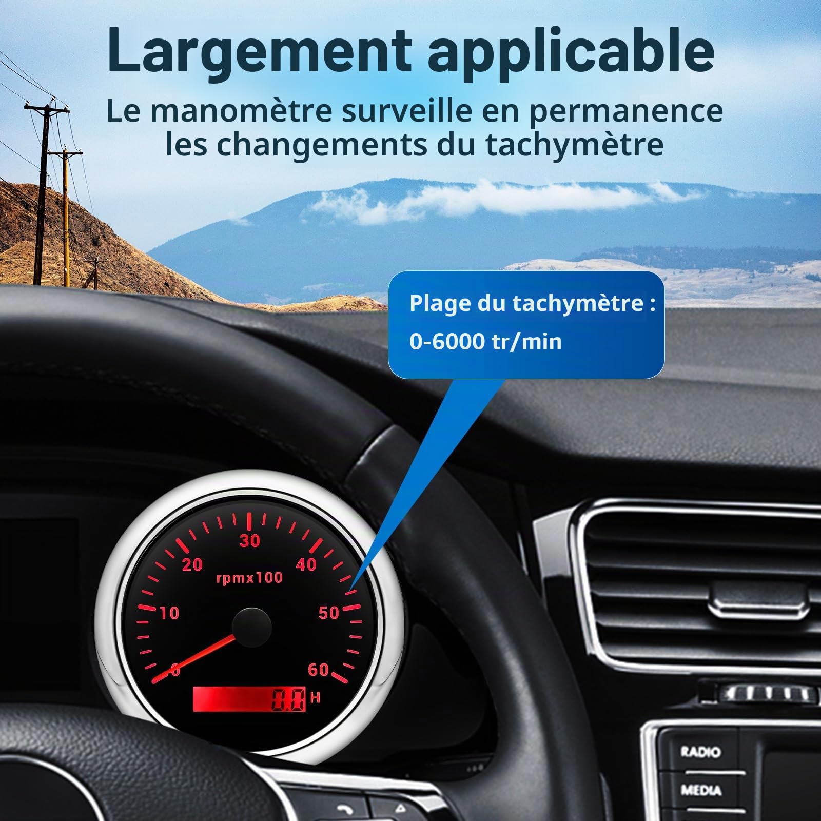 Compte-tours 85 mm 0-6000 tr/min étanche avec compteur d'heures de fonctionnement rétroéclairage 7 couleurs pour voiture, bateau, camion, moteur diesel et essence