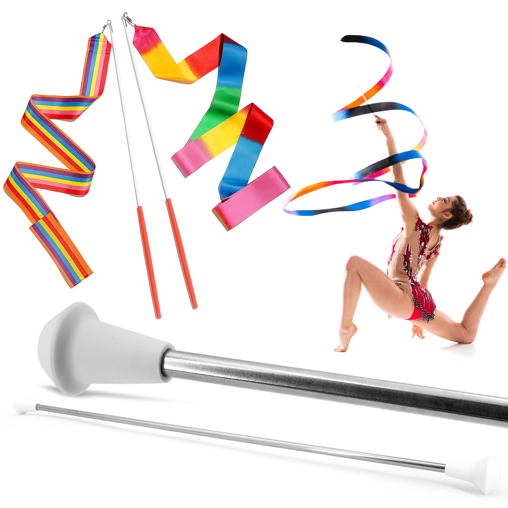 SIRCLES 22 Inch Twirling Marching Baton in Stainless Steel with Rubberized Ends Mini Shaft 3/8 with 2 Dancing Ribbons (22 Inch)