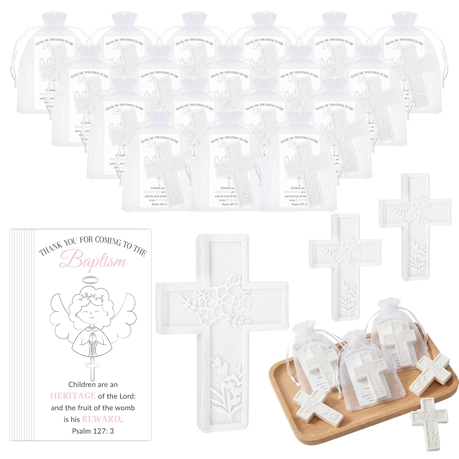 50 Set Baptism Favors for Guests, Cross Soap with Greeting Cards Organza Bag for Baby Shower Favors, Christening First Communion Baptism Party Gift for Guests