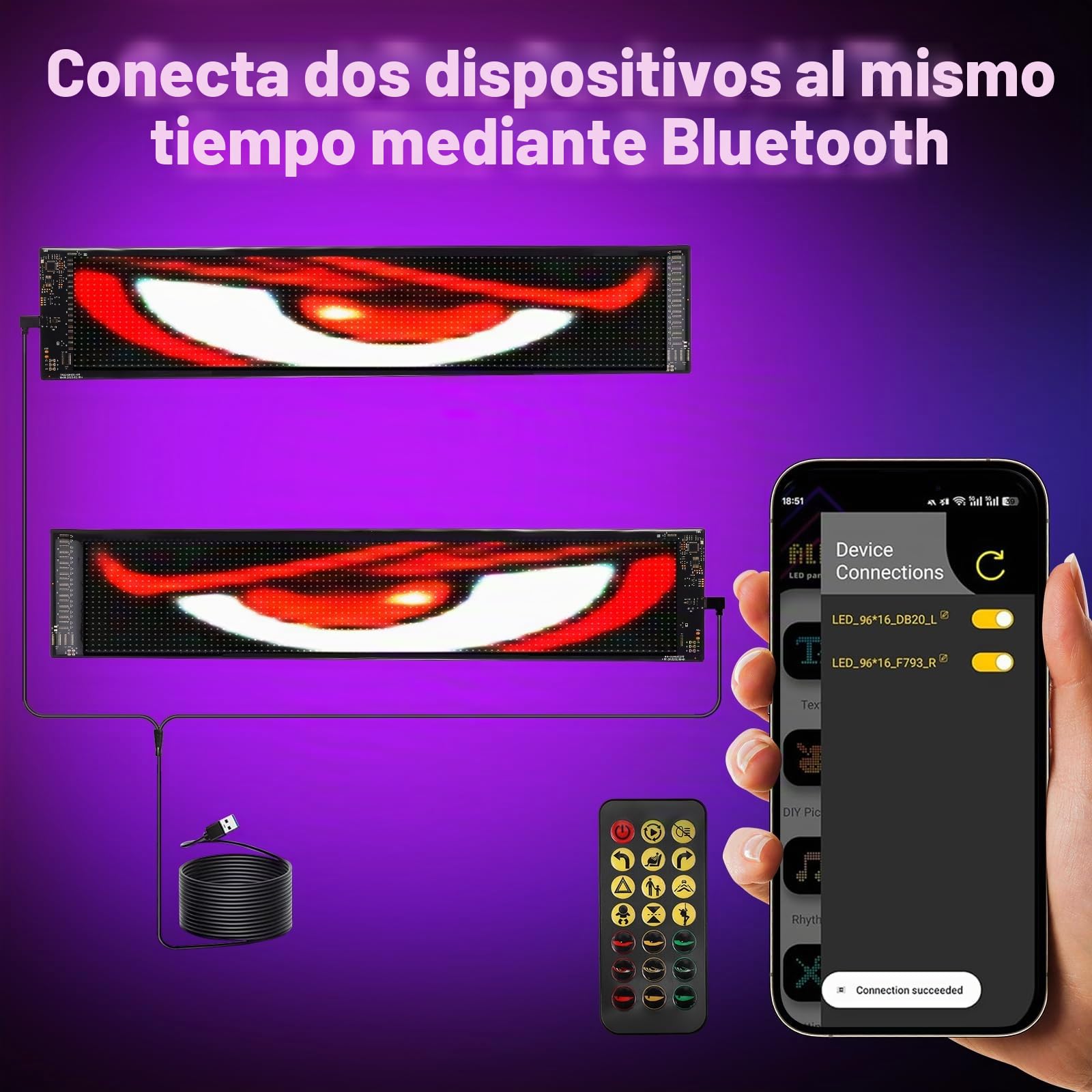 2 PCS Ojos LED para Camión (12 x 60 cm), Ojos Led para Coche con App y Control Remoto, Pantalla LED Programable, Devil Eyes para Coche, Diseño Dinámico DIY
