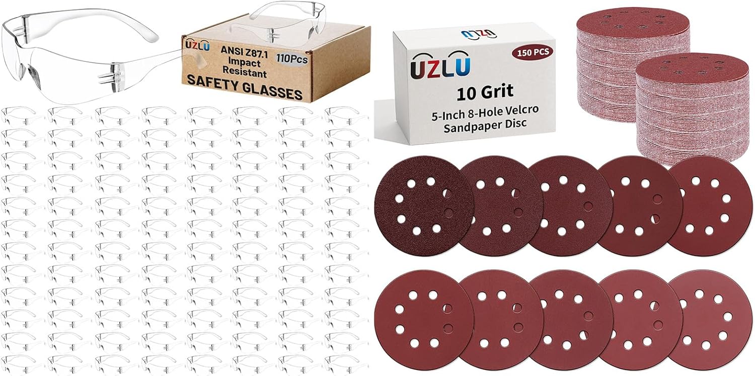 110 PCS Clear Safety Glasses Bulk for Men Women ANSI Z87.1 + 150 PCS 5 Inch Sanding Discs 8-Hole Round Hook and Loop Sanding Pads 10 Grades Include 60 120 240 400 600 800 1000 1200 1500 2000 Grit
