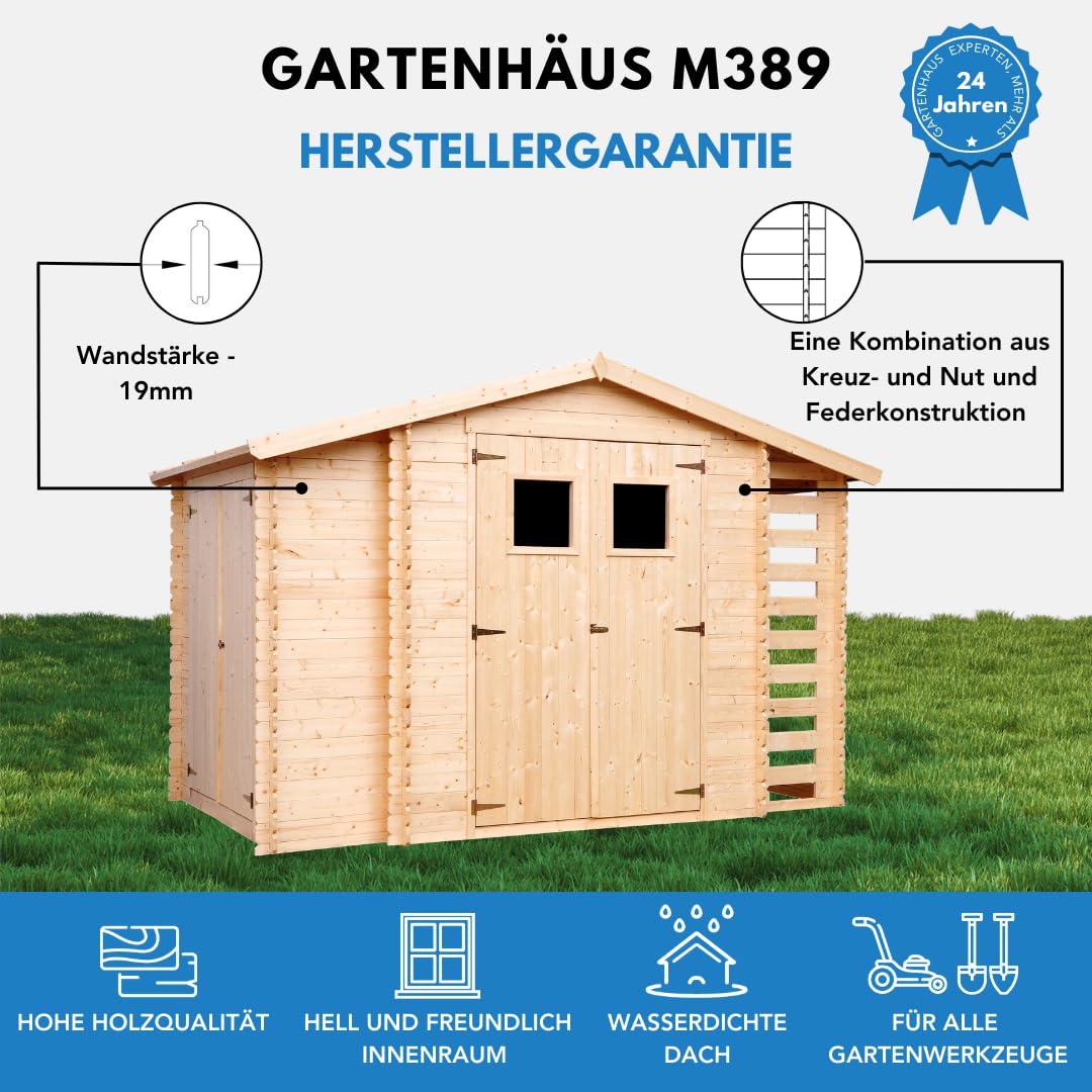 Holzhaus Gartenhaus mit Brennholzschuppen TIMBELA M389 - Gartenschuppen Holz B328xL206xH218 cm/ 3,53 + 0,97 + 0,97 m2 Lagerschuppen für Garten - Fahrrad Schuppen - Wasserfestes Dach