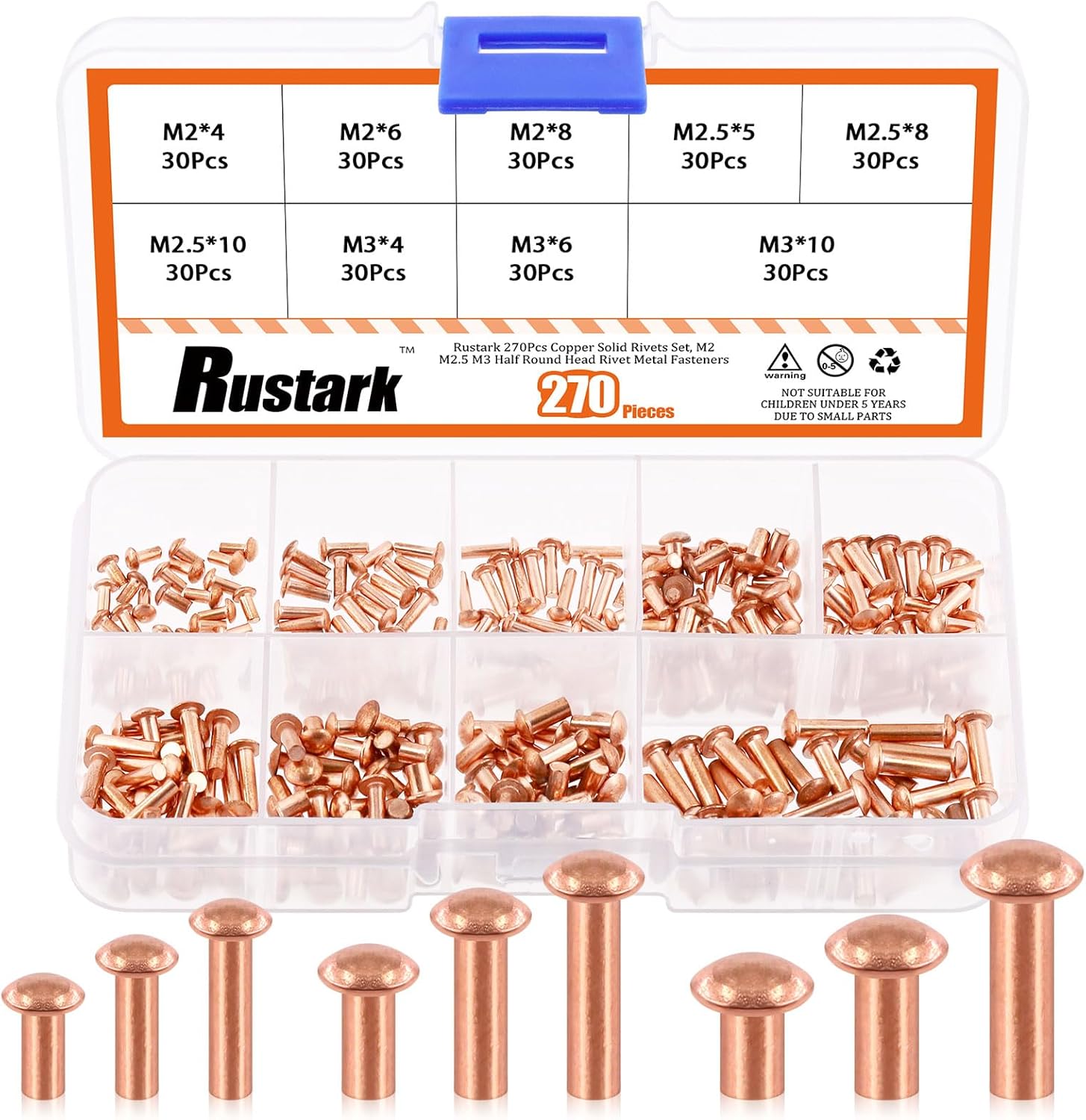 Rustark 270Pcs M2 M2.5 M3 Copper Solid Rivets Round Head Copper Rivet ...