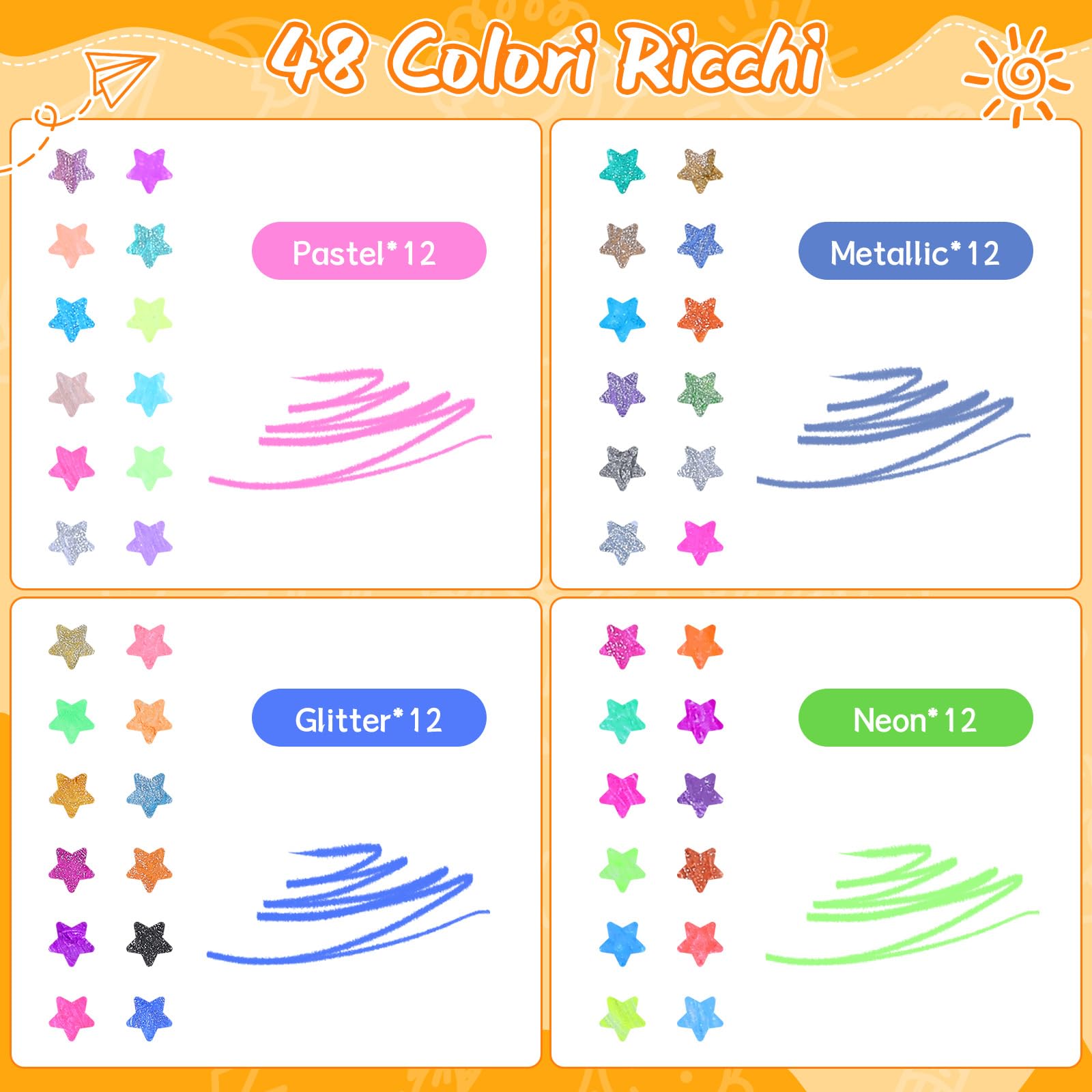 joyoldelf Penne Gel Glitterate Colorate - 48 Colori Penne Glitter, Set Cancelleria Scuola Bambina, 12 Glitter, 12 Metallico,12 Neon Glitterato,12 Pastello Per Bambini Adulti Colorare Libri Disegnare