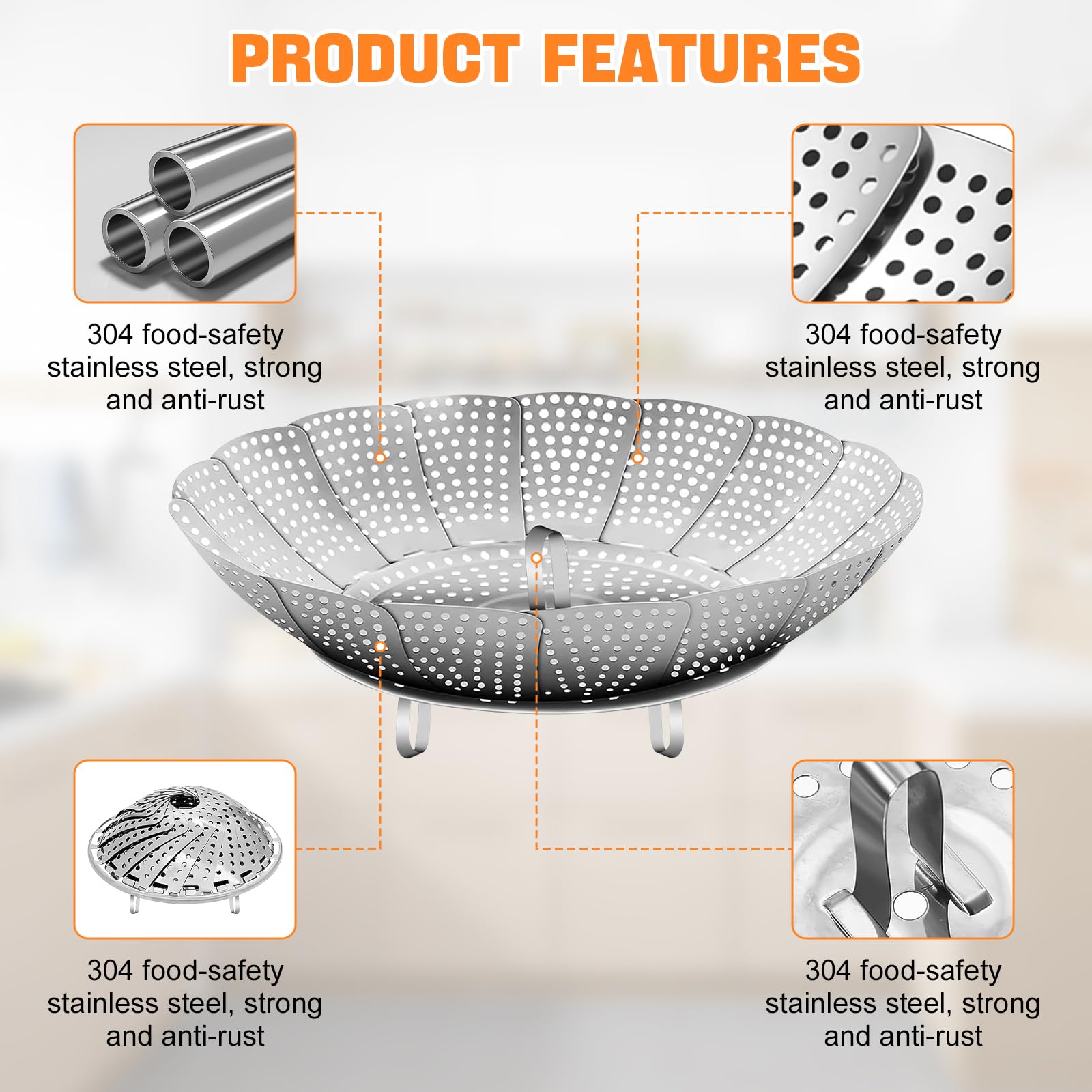 Cesta Vaporera Plegable de Acero Inoxidable, Inserto de Vapor Ajustable para Ollas, Extensible para Cocinar Pescados, Mariscos y Verduras - Ideal para Vaporizar en Casa