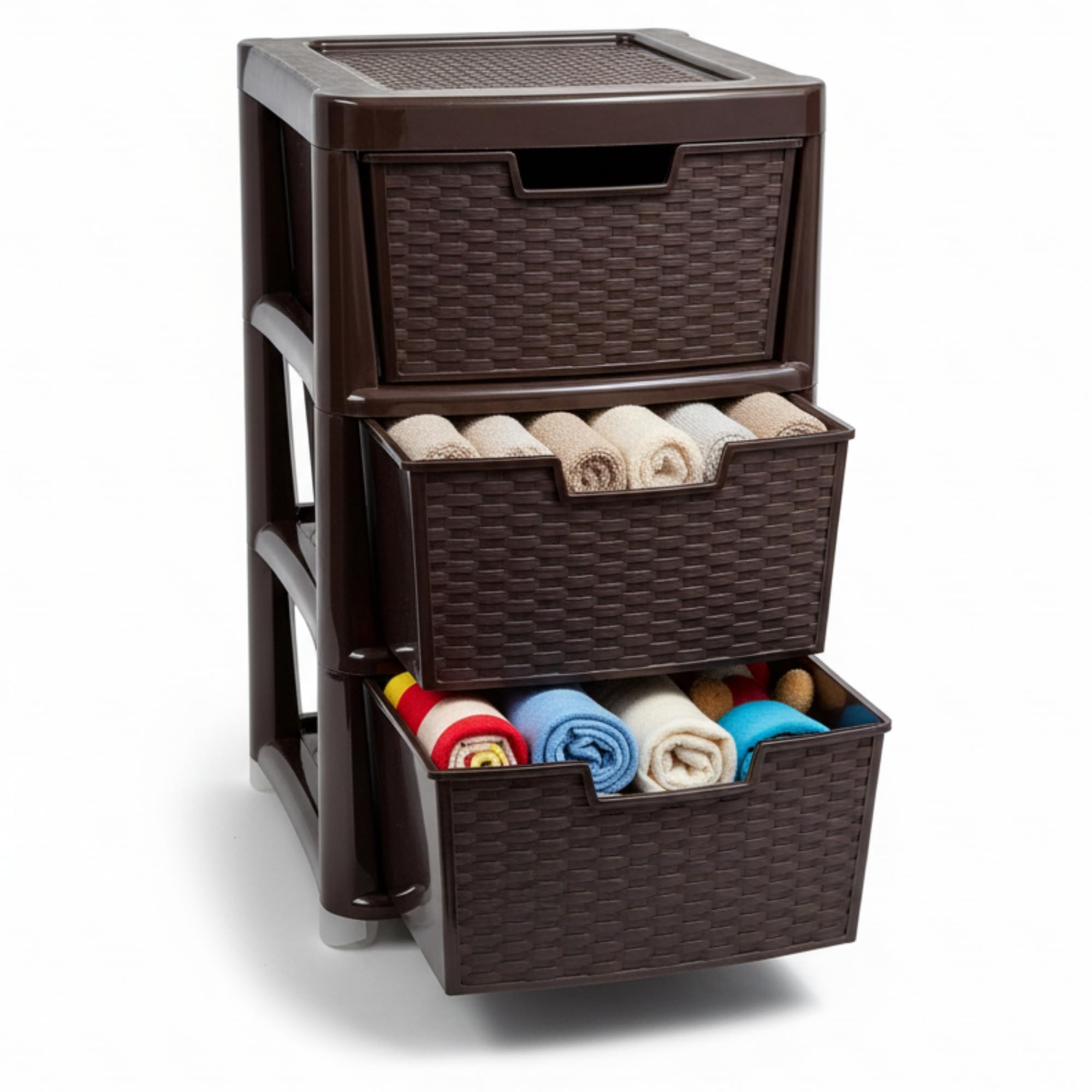 SIDSONS - Large Plastic Rattan Style Storage Drawer - Durable & Stylish Cabinet with Smooth Pull Drawers - Multipurpose Organizer for Clothes Toys, Kitchen, Home & Office Use (Chocolate Brown, 3 Tier)