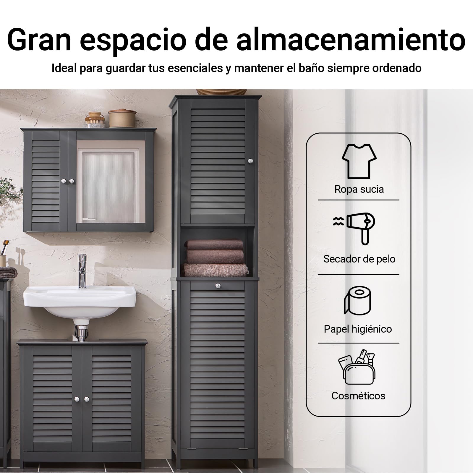SoBuy Mueble Baño Estrecho con Cesto para Ropa Sucia 40x170x38 cm | Mueble Ropa Sucia, Armario Baño Columna Auxiliar de Baño con Estantería, Mueble Almacenaje,Gris Oscuro BZR124-DG