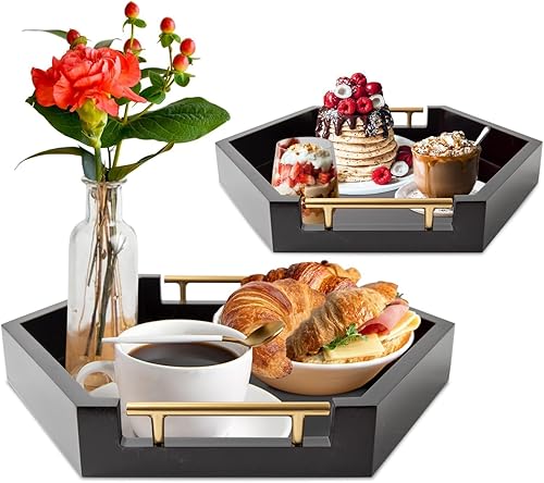 Miniatura 9 de Bandejas de servir de panal con asas doradas, juego de 2 bandejas hexagonales de bambú para anidar  Juego de bandejas grandes y pequeñas para