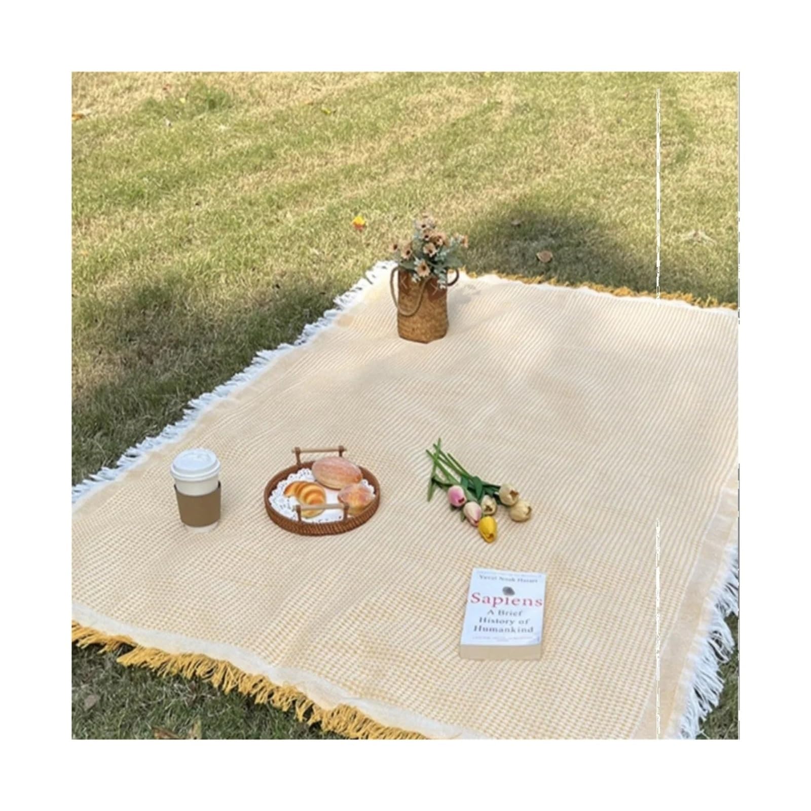 Przenośny koc piknikowy z frędzlami, duży, 180 x 230 cm, mata outdoorowa, na kemping, plażę, ogród, podróż, wszechstronny obrus i narzuta na łóżko, kolor biały