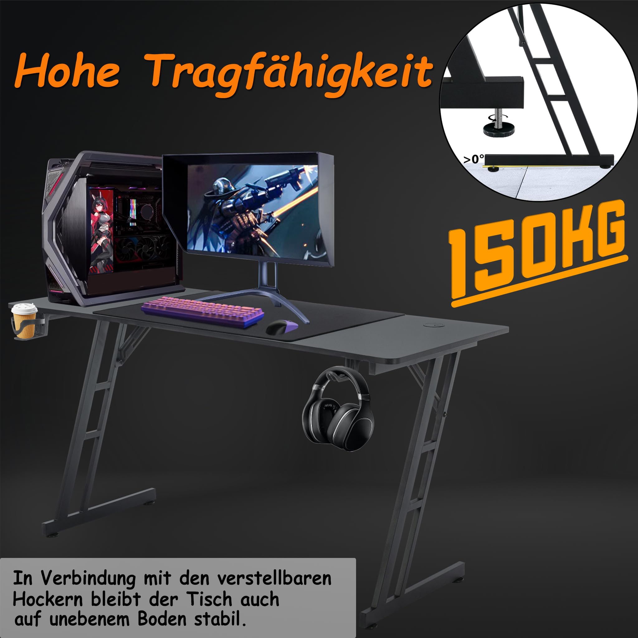 Suusonly Gaming Tisch Profi, 160x60cm Bürotisch & Computertisch mit Getränkehalter, Ergonomischer PC Schreibtisch Gaming, Höhenverstellbarer Schreibtisch Gaming für Gamer, Schwarz -ohne LED
