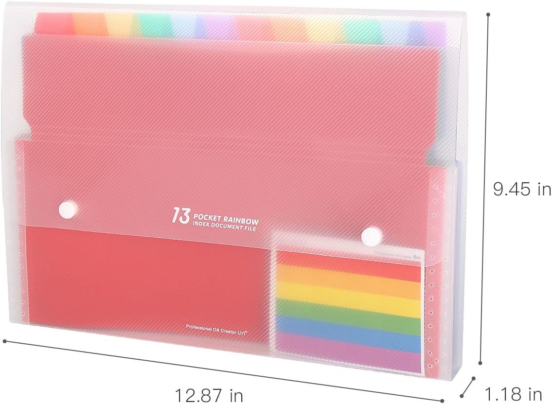 HJSMing 13 Pockets Portable File Folders/Rainbow Folder Organizer/Expandable Plastic Folders/A4 Letter Size File Organizer with Buttons-for School Office Supplies