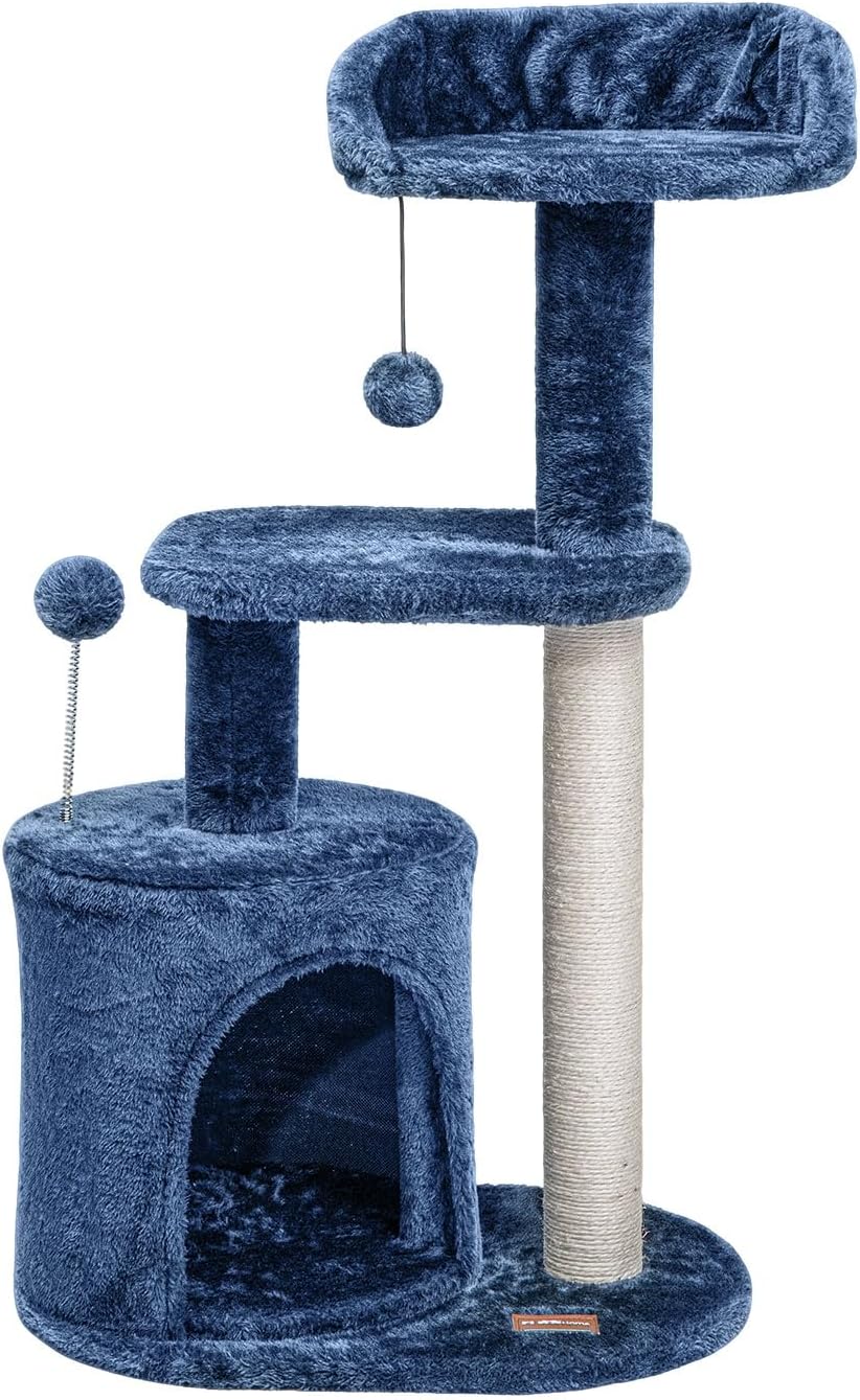ClevaHome 33.5" Small Cat Tree Tower for Indoor Cats, Modern Kitten Condo with Sisal Scratching Post and Hanging Ball for Play, Denim Blue
