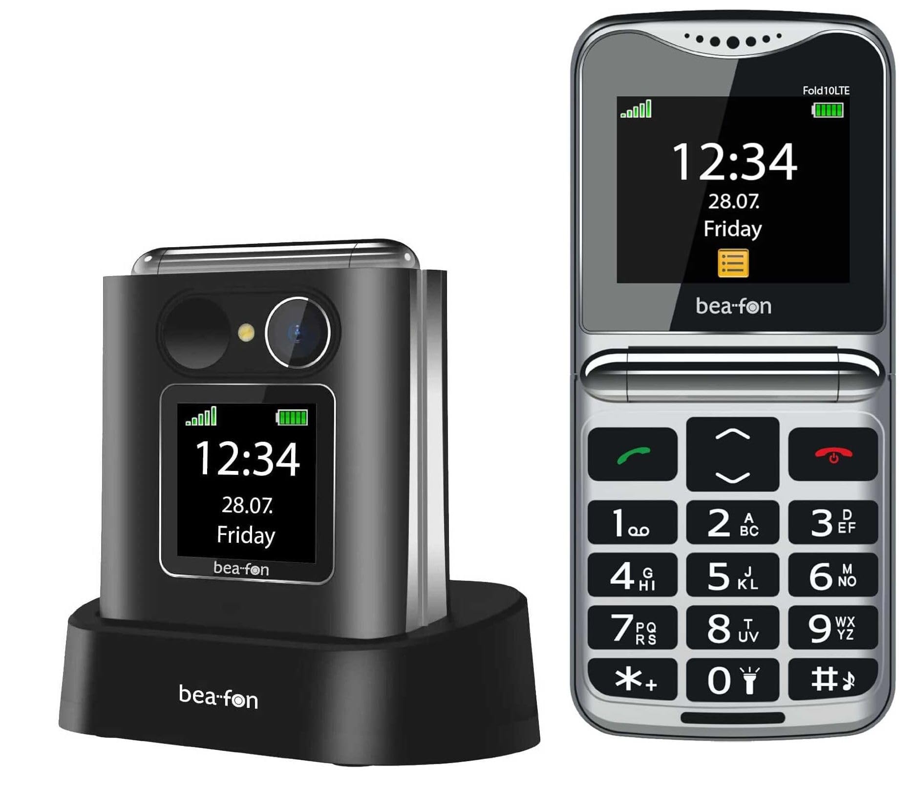 Telefono Cellulare Conchiglia BAR x Anziani Senior Fold10 - Display Grande 2.2", Tasti XL Parlanti, Funzione SOS, Base Ricarica, Volume Alto, Suoneria Forte, HAC M4/T4, Dual Screen, Ottimo Dumb Phone