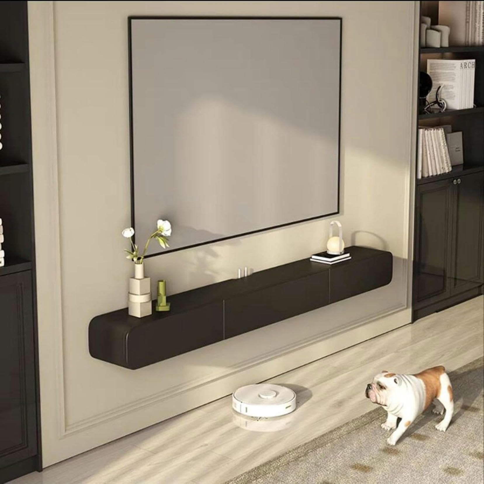Meuble TV flottant 160 cm, meuble TV moderne suspendu en bois massif mural