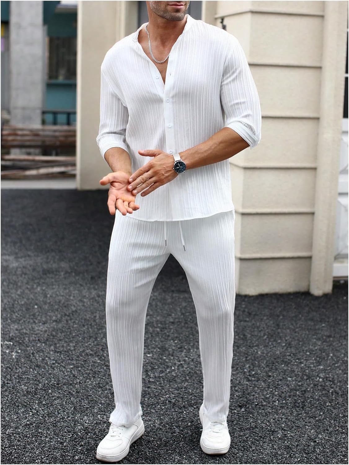 Men's 2 Piece Outfits Casual Half Sleeve Button Up Shirts and Drawstring Pocket Pants - Image 5